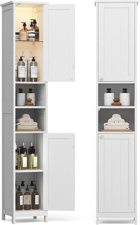 VASAGLE - armoire salle de bain haute, blanche, étagères réglables, éclairage, BBC566W03