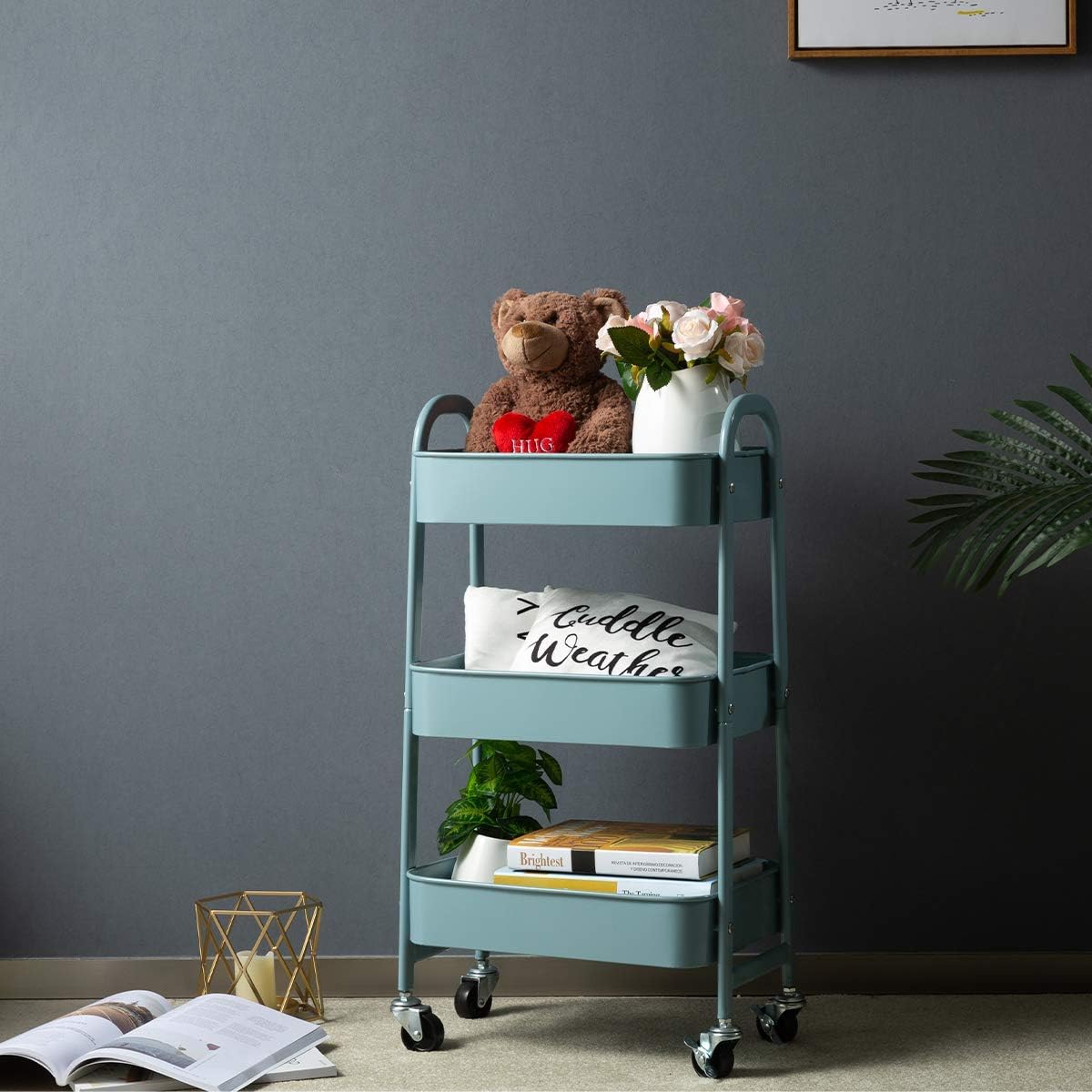 DOEWORKS - chariot métal 3 niveaux gris-bleu, roulettes, rangement mobile