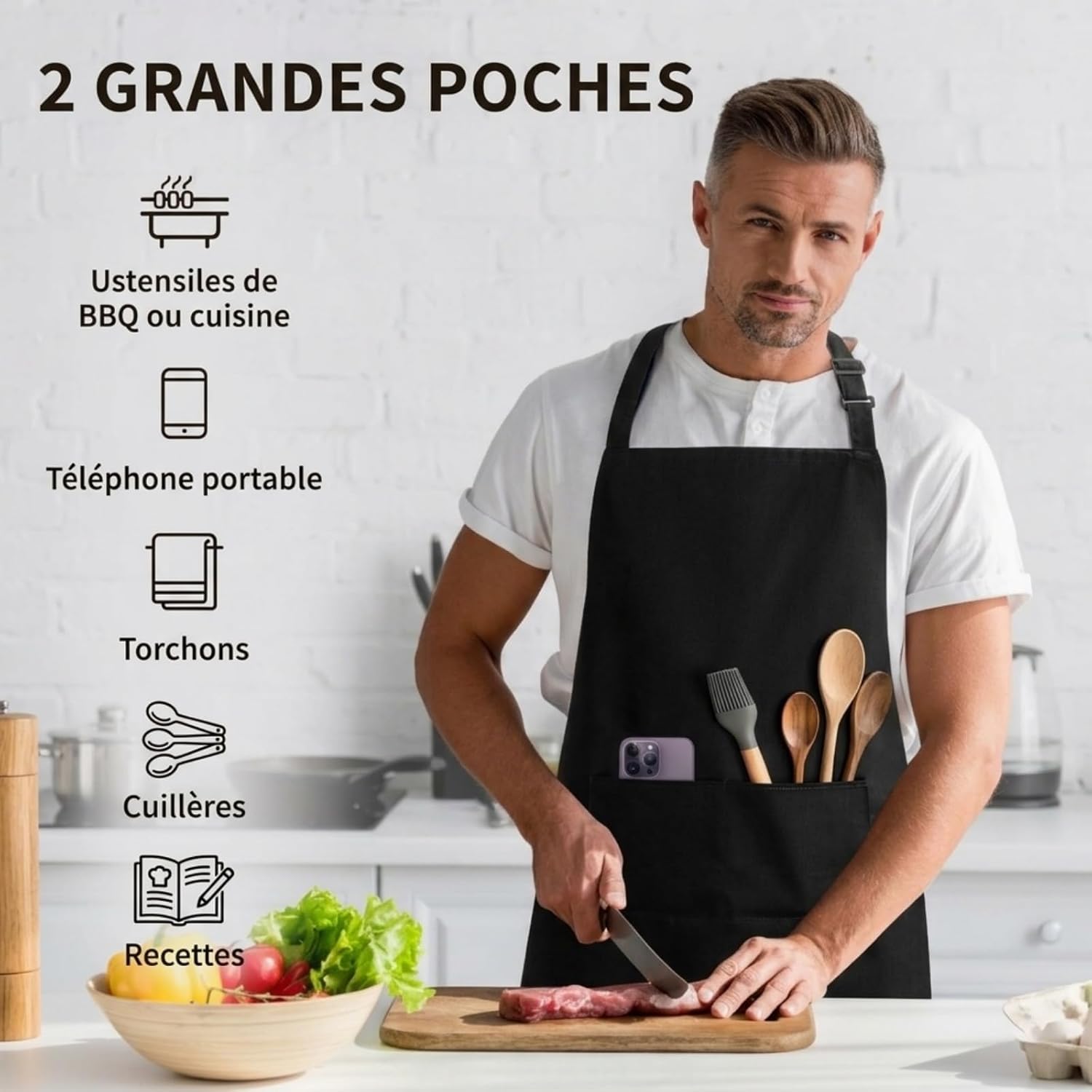 Tablier de cuisine - unisexe, réglable, poches, imperméable, anti-taches, idéal BBQ, peinture, coiffure, jardinage