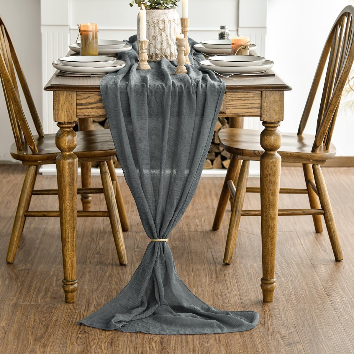 Artoid Mode - Chemins de Table Bohême - 300 cm - mousseline gaze grise, déco table fête