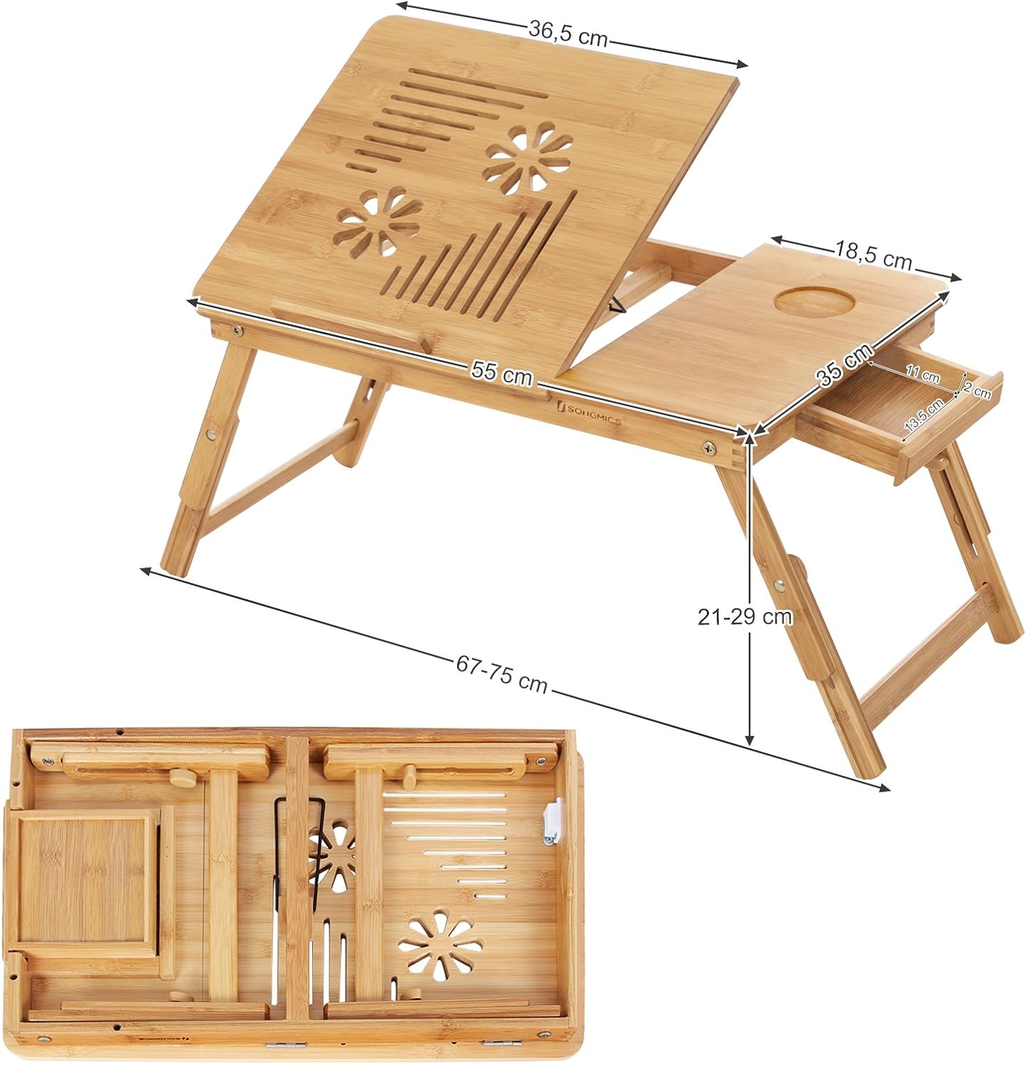 SONGMICS - Table de lit pliable bambou - 55x35x29 cm - inclinable LLD002