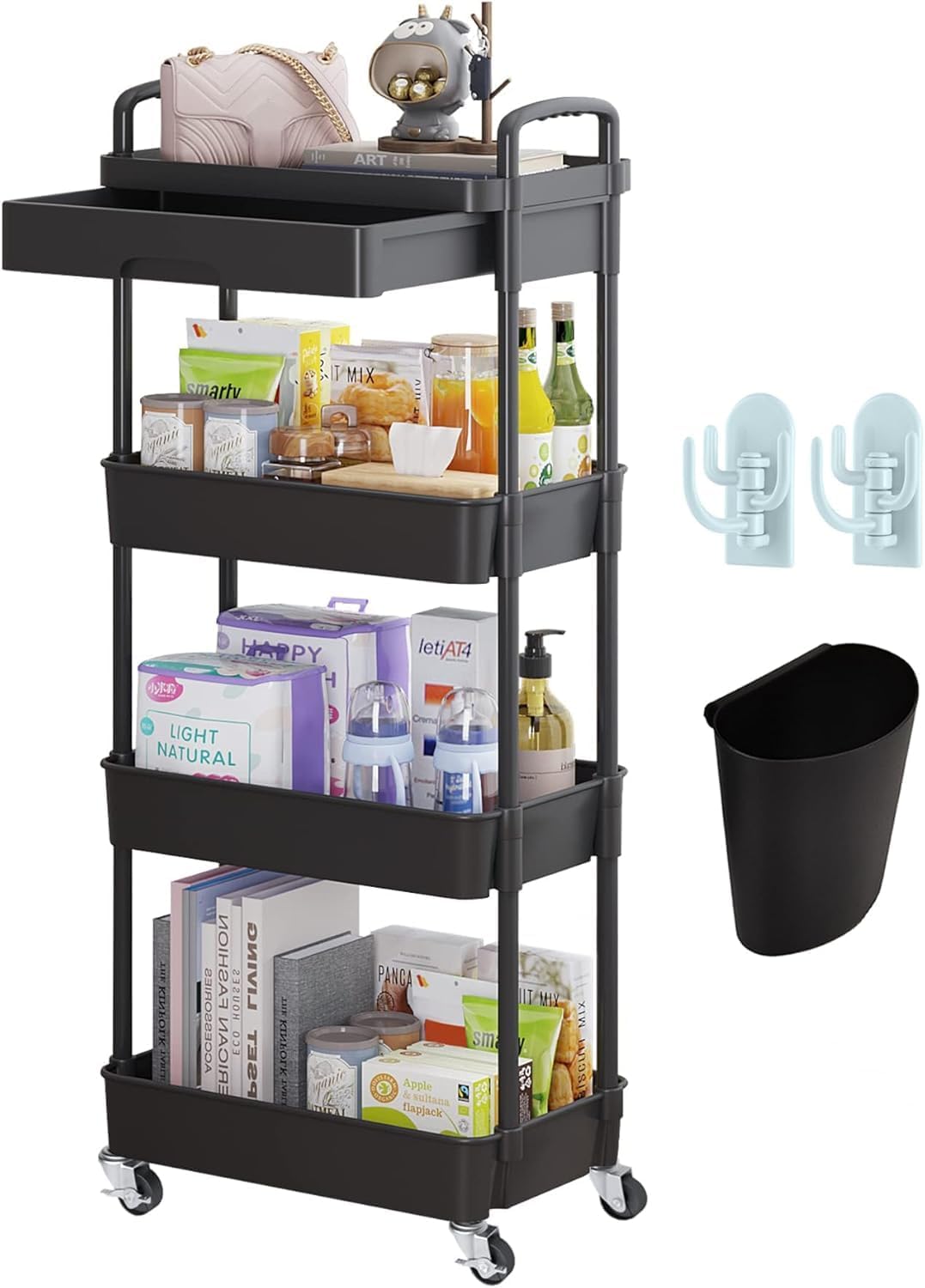 Chariot de rangement - 4 niveaux - plastique, roulettes, tiroir, compact