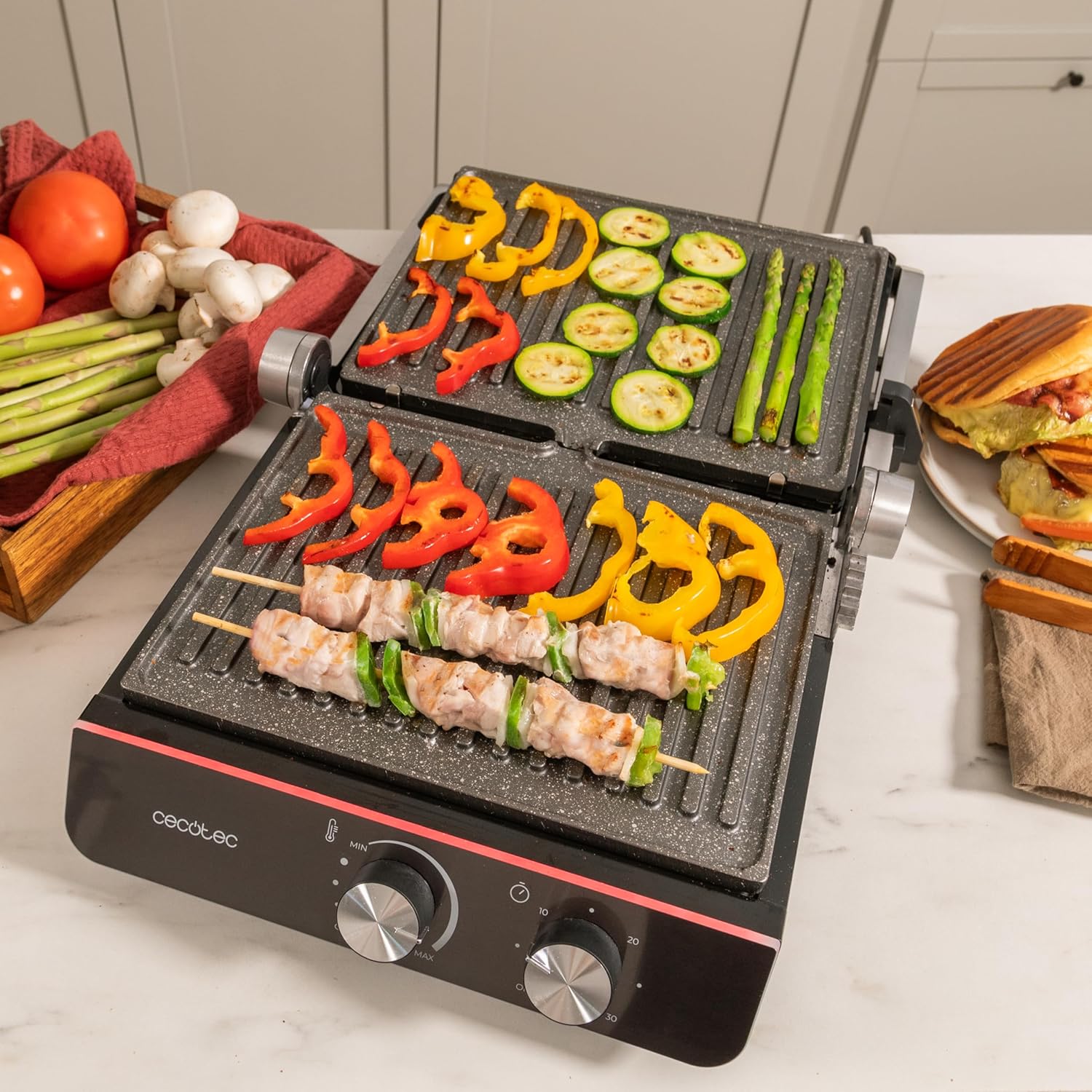 Cecotec - Rock'nGrill Blaze Neon - 29x23 cm - 2200W, plaques amovibles, ouverture 180°