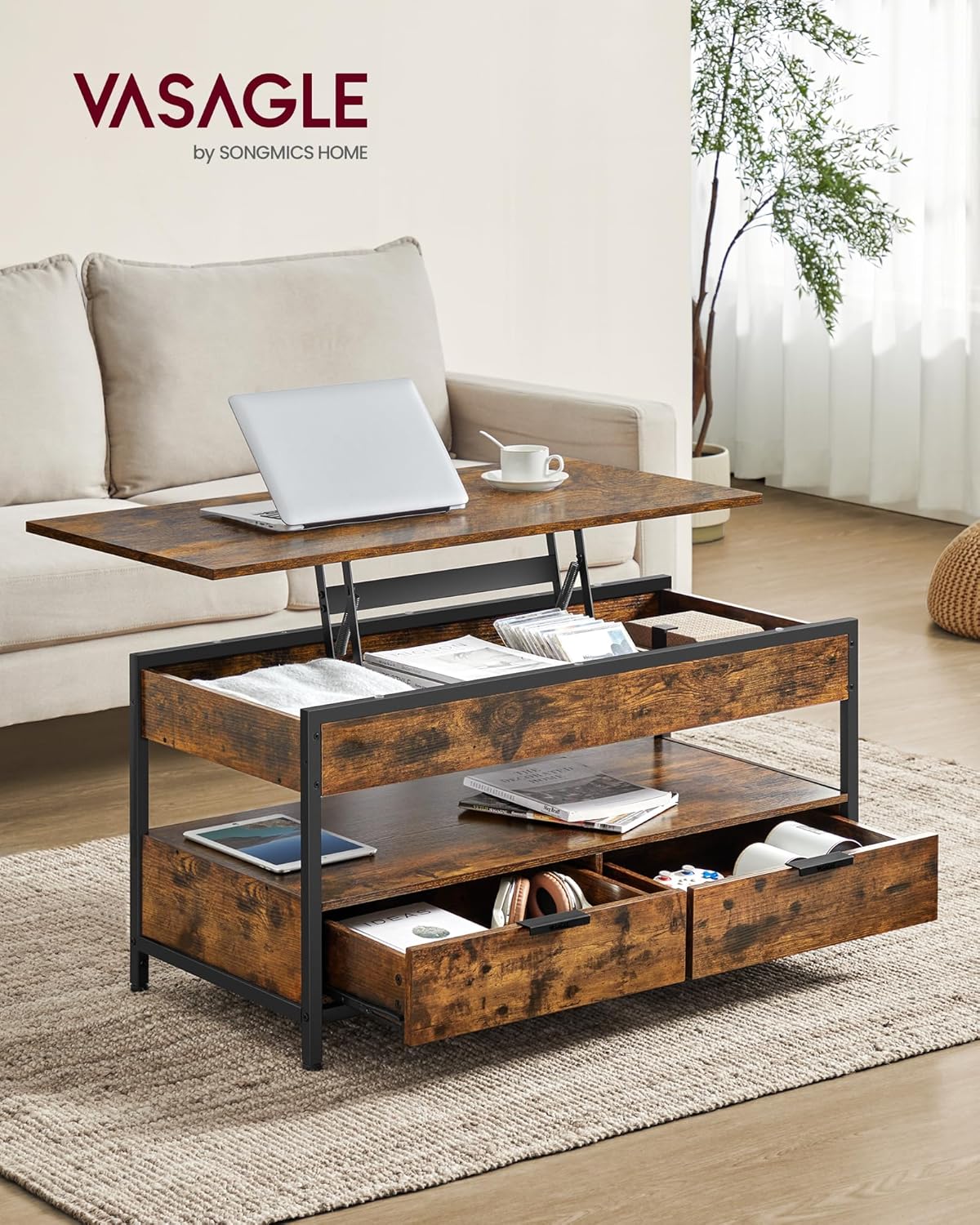 VASAGLE - Table basse plateau relevable, tiroirs, rangement - LCT209K01