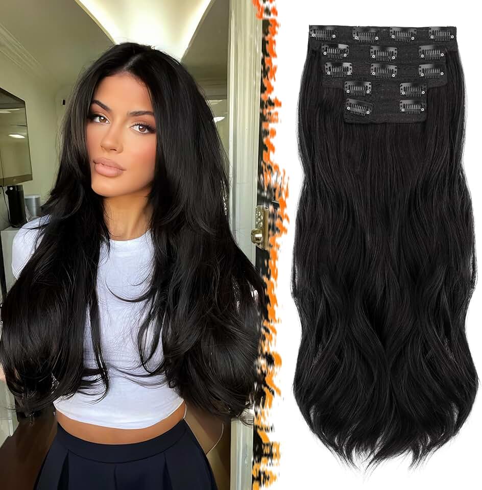 BARSDAR - extensions clip noir ondulées 50cm, lot 5pcs, synthétique