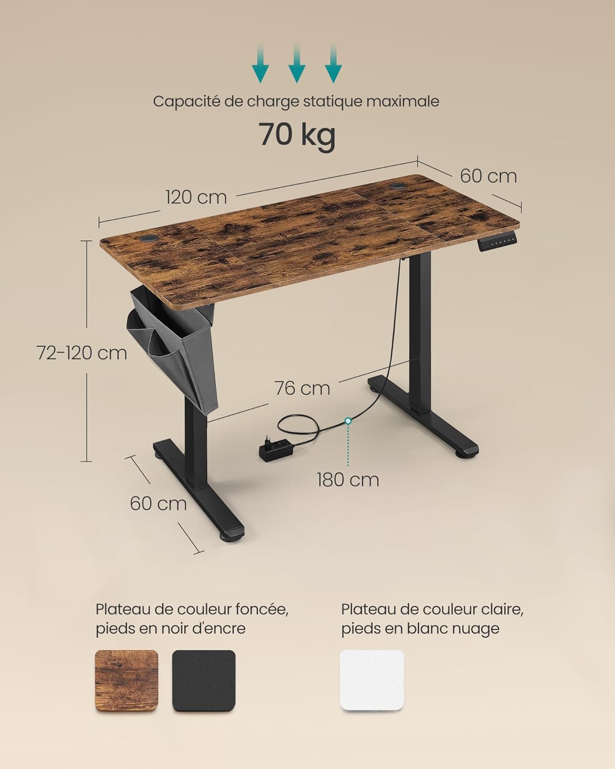 SONGMICS - bureau électrique réglable - 120x60 cm - 4 mémoires, assis-debout, marron rustique LSD132K01