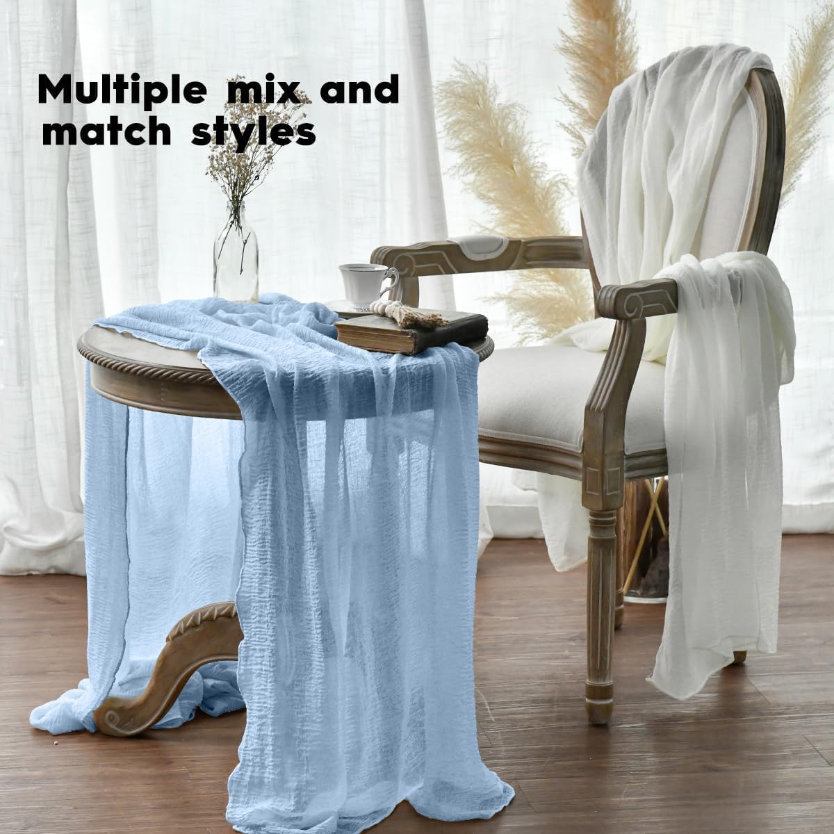 Artoid Mode - Chemin de table Bohême - 400 cm - gaze mousseline bleu glacier, déco mariage fête