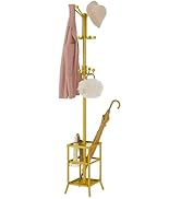 Porte-manteau en métal doré avec porte-parapluie. Comprend plusieurs crochets, une base d'étagère et contient un manteau rose, un chapeau blanc et un parapluie. Combine fonctionnalité et design élégant.