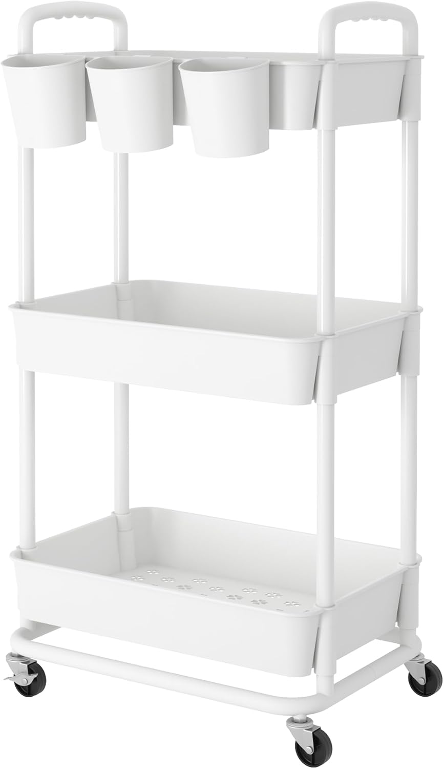 JIUYOTREE - chariot 3 niveaux, roulettes verrouillables, blanc, rangement compact