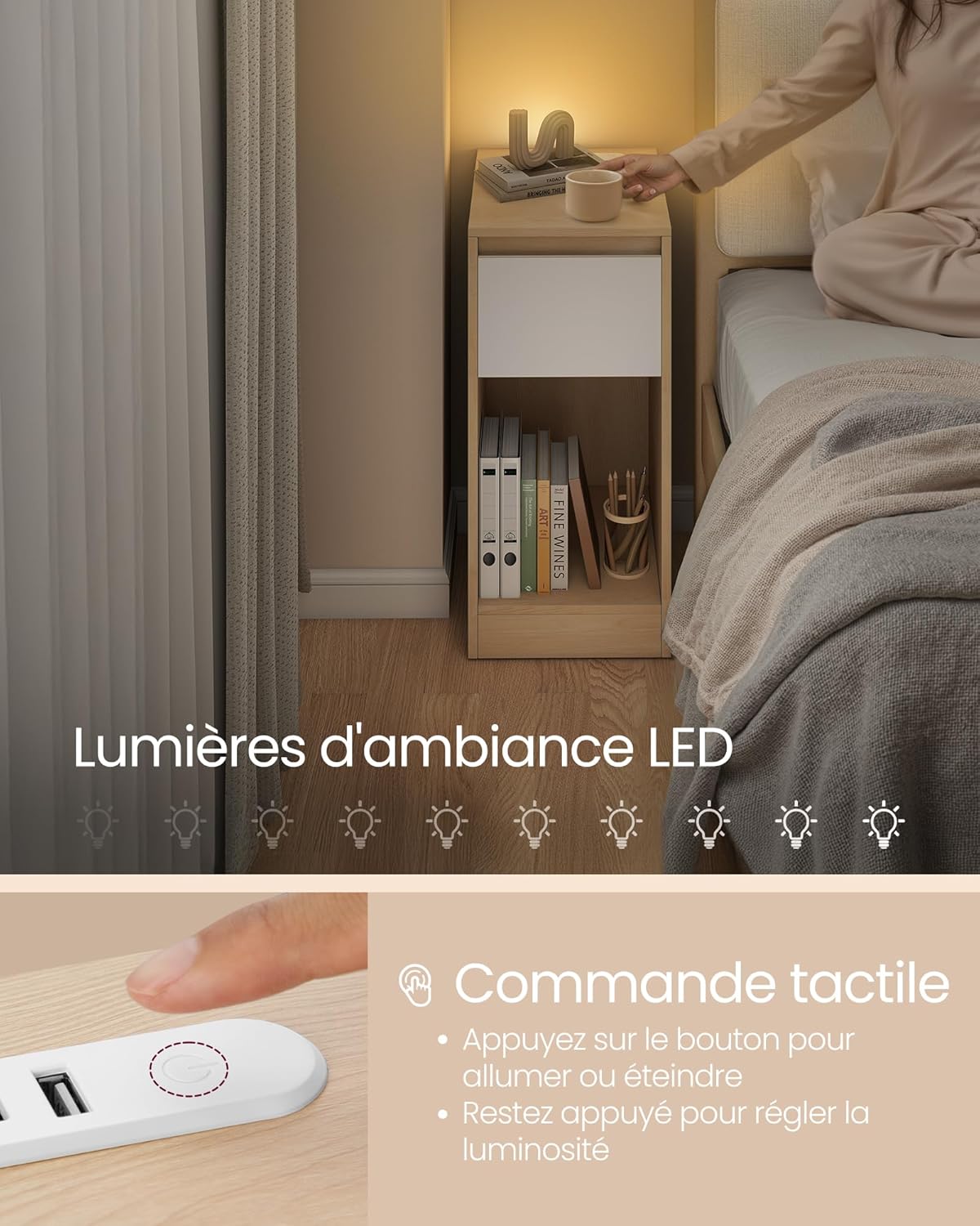 VASAGLE - Lot de 2 tables de chevet LED, tiroirs, ports USB, 40x35x66 cm - LET710Y01
