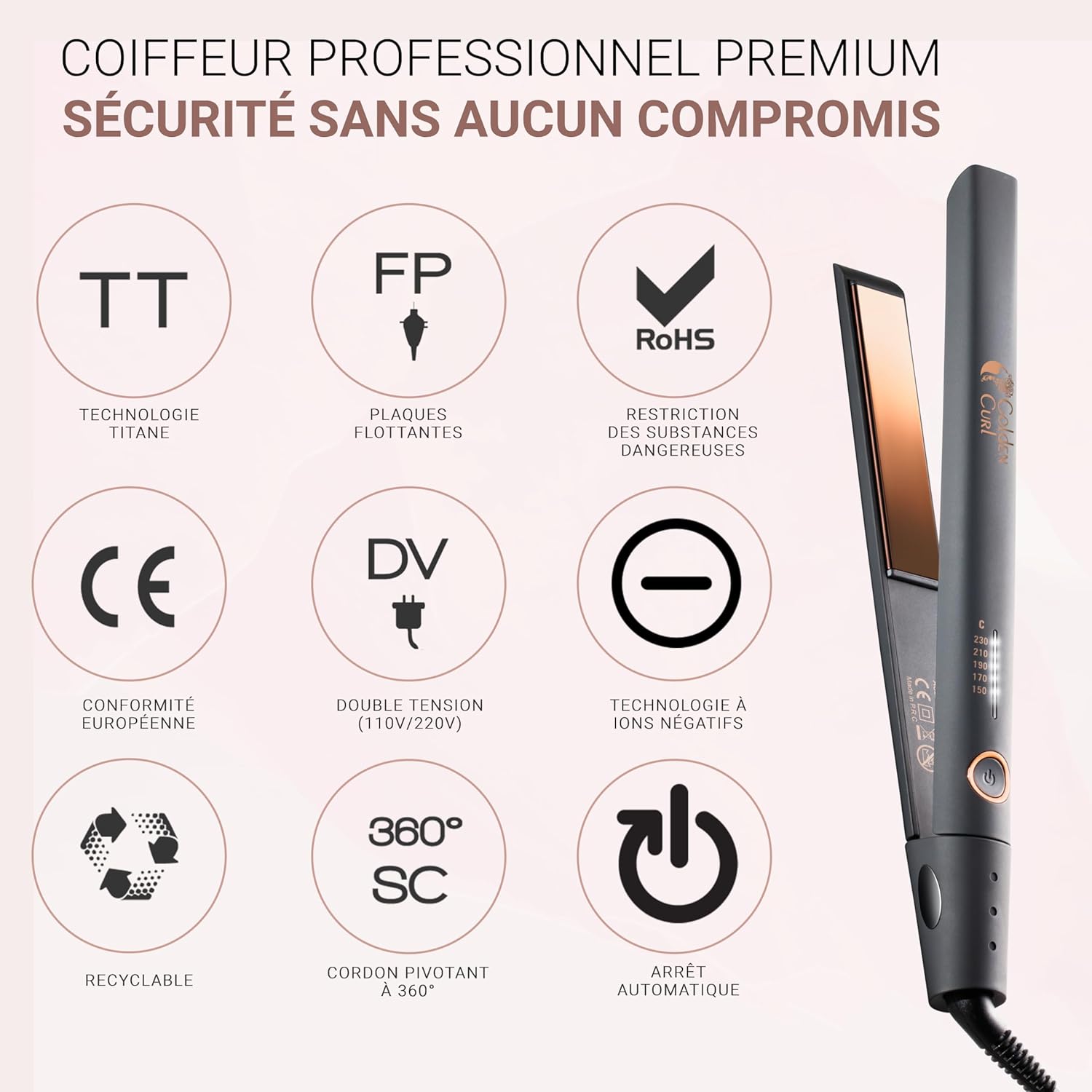 Golden Curl - Fer Lisseur Rose Gold - 2 en 1 lissage/boucles - 5 ans garantie