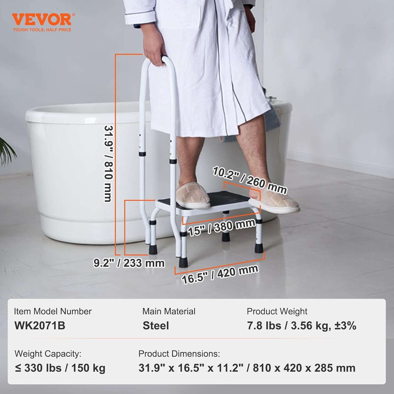 VEVOR - Marchepied en acier réglable - 3 hauteurs - poignée, antidérapant, 150 kg