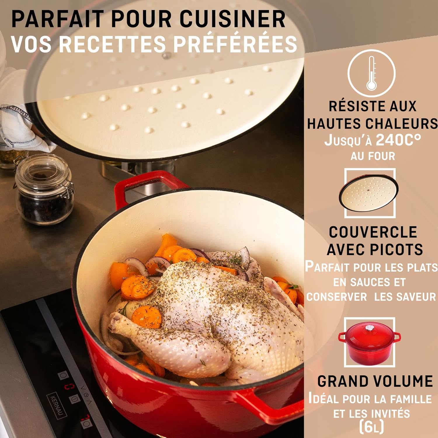 VeoHome - cocotte fonte émaillée 6L Ø28cm - induction, four, cuisson homogène