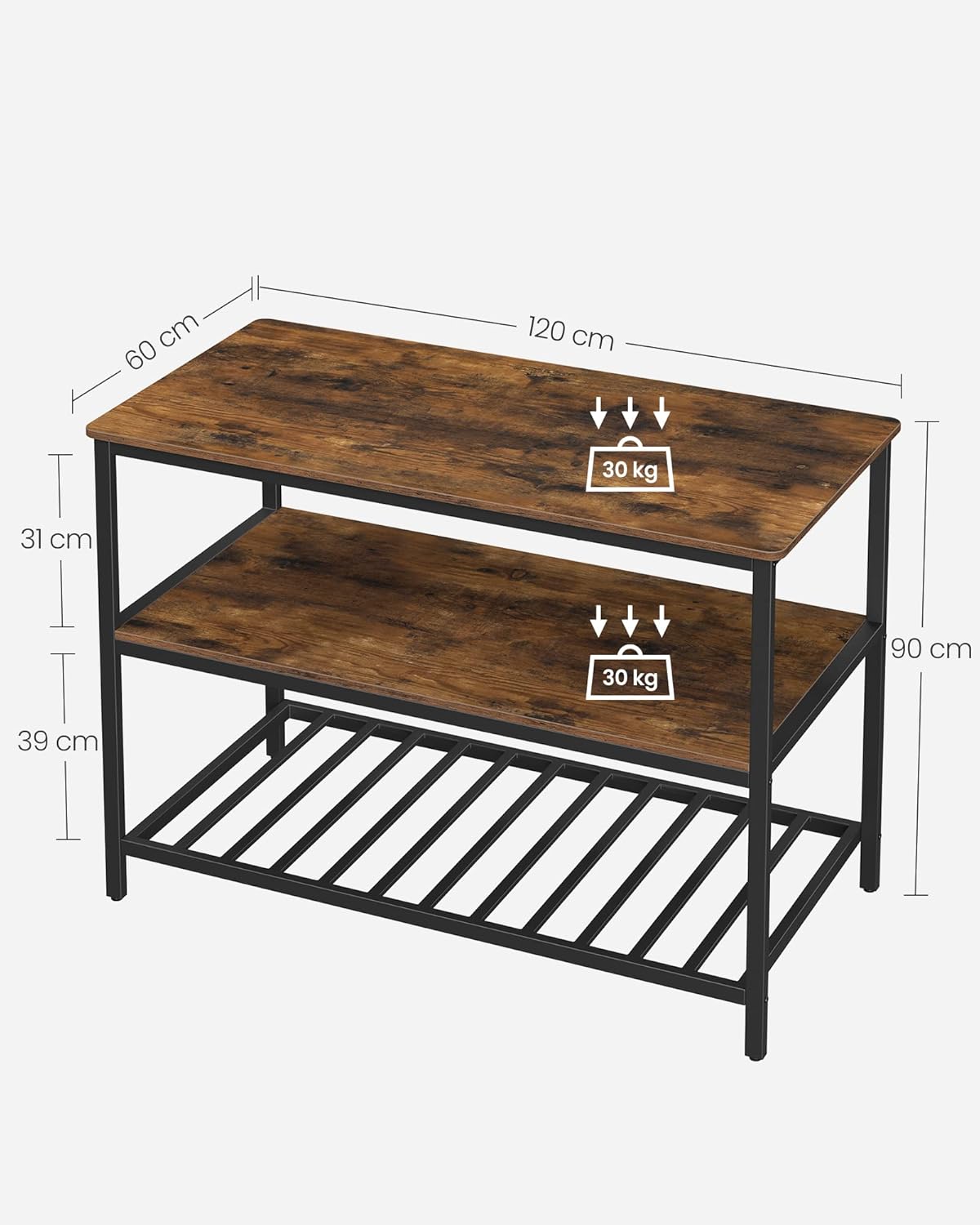 VASAGLE - étagère de boulanger - 120x60x90 cm - grand plan de travail, acier stable, marron rustique