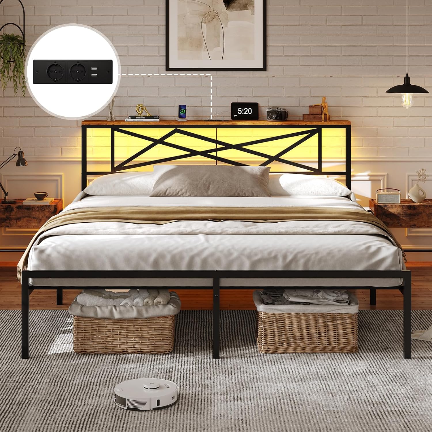 DICTAC - Lit double métal 140x200, LED, USB, rangement, vintage/NOIR - DICTAC