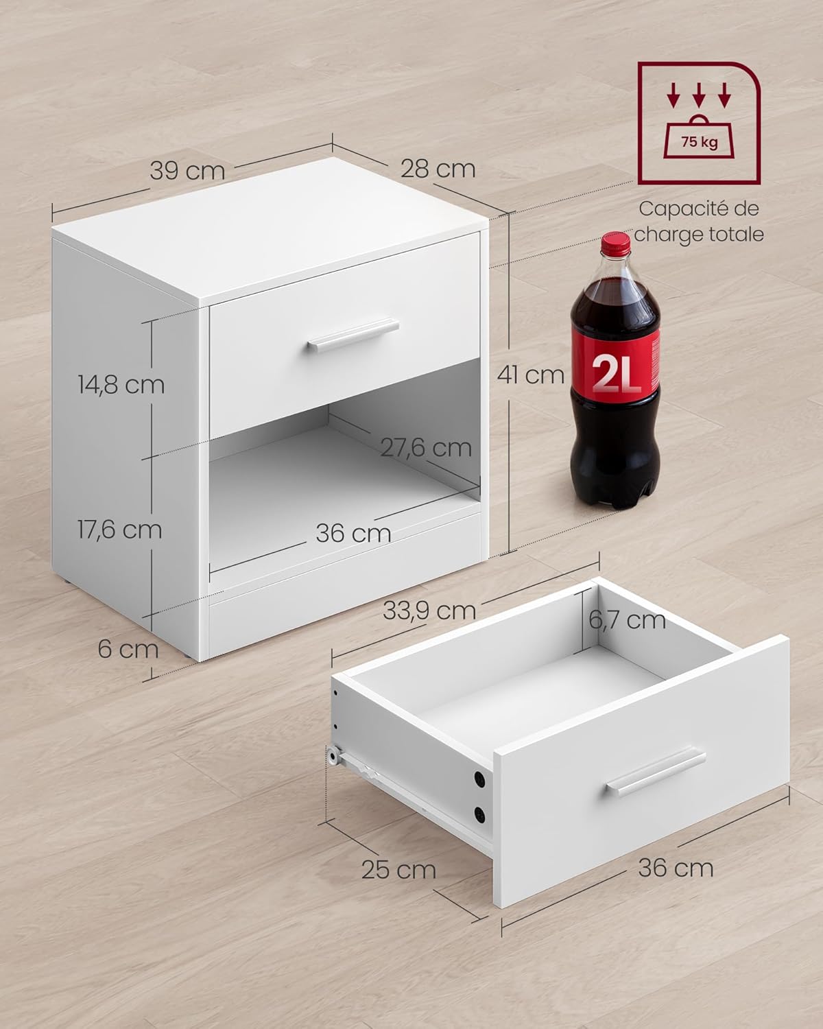 VASAGLE - Table de nuit lot de 2, 45x35x52cm, tiroir, compartiment ouvert, blanc classique, LET819T14