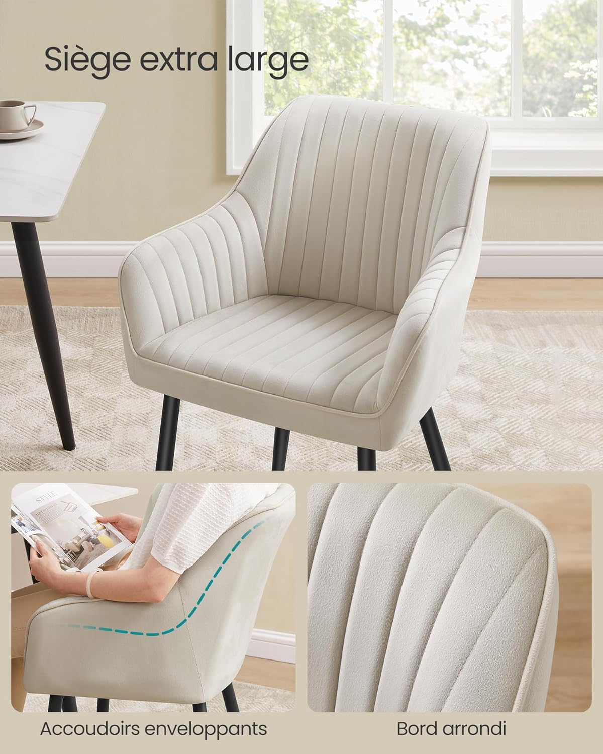 SONGMICS - Chaise salle à manger lot de 2, velours, accoudoirs, pieds métal, 120 kg, beige cappuccino/noir, LDC087W12