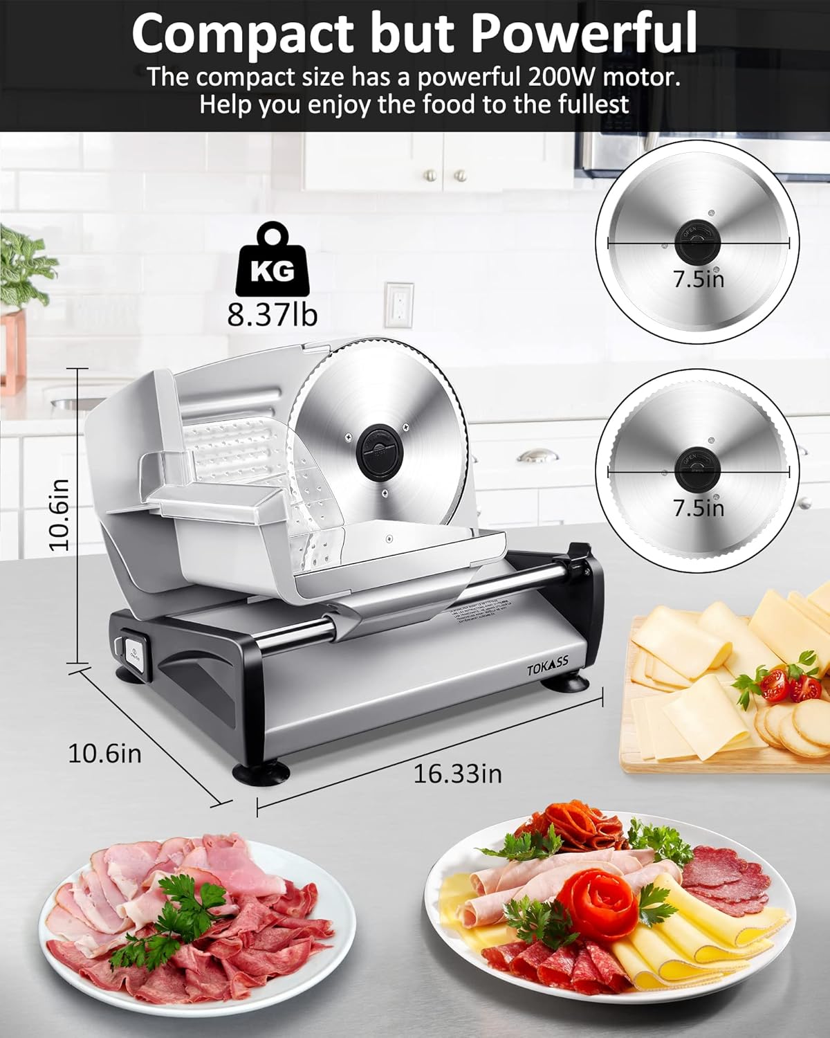 Trancheuse électrique inox – 200W, 2 lames, réglable 0-15mm
