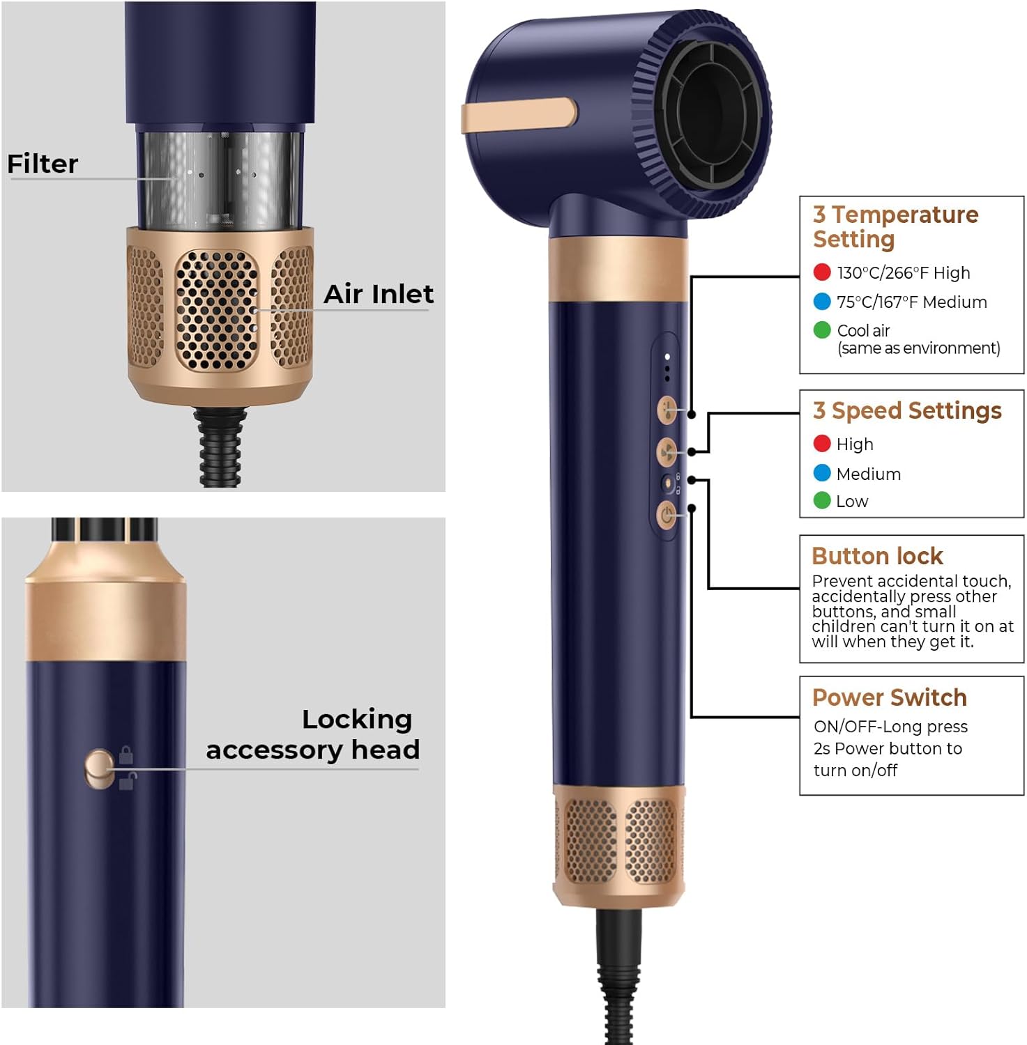 Sèche Cheveux Air Styler 7 en 1 - 1400W - 3 températures, boucle et lissage, fer à boucler 30 mm