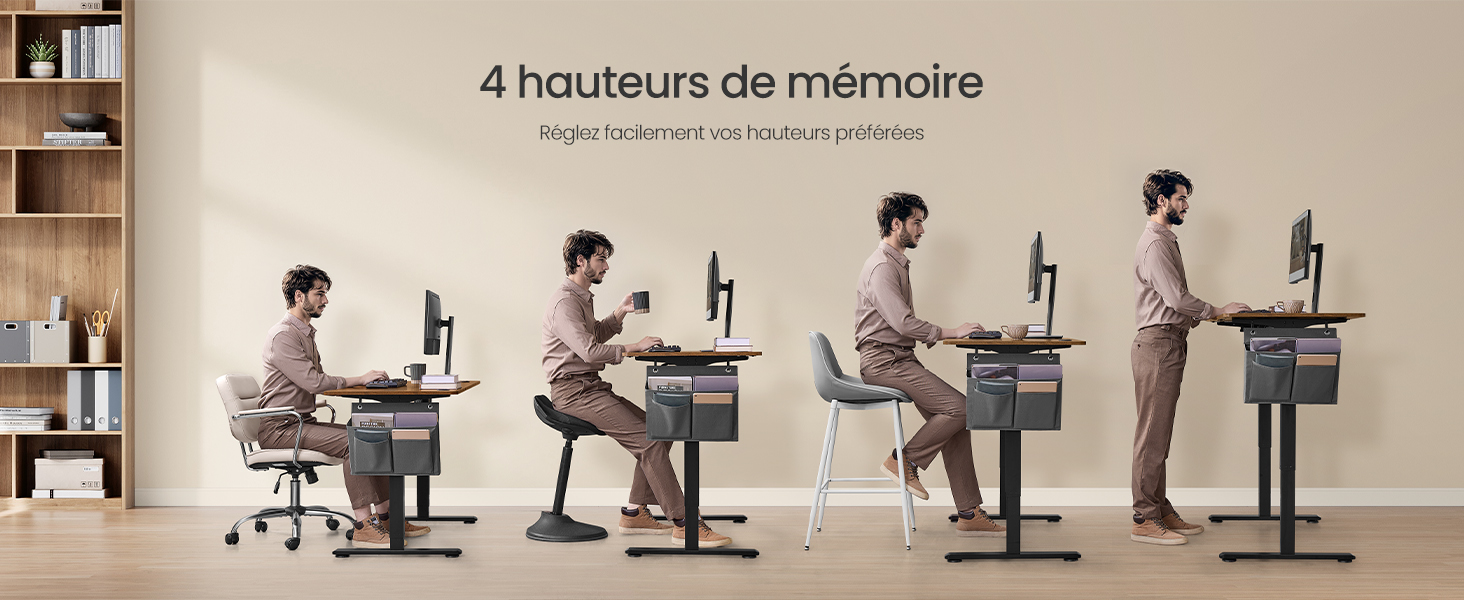 Séquence montrant quatre positions de bureau réglables en hauteur avec des configurations informatiques, illustrant les options de personnalisation de l'espace de travail ergonomique