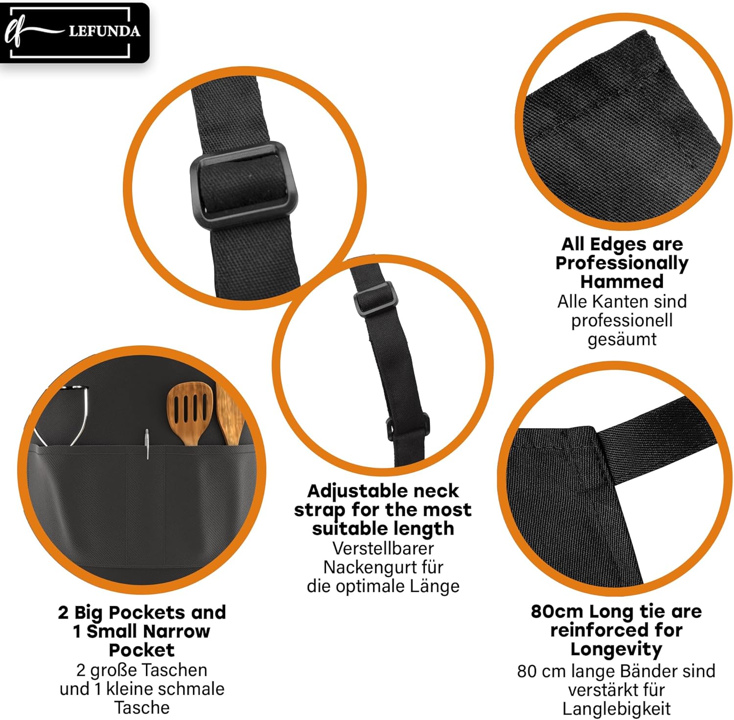 LEFUNDA - tablier cuisine ajustable, 3 poches, étanche, longues lanières