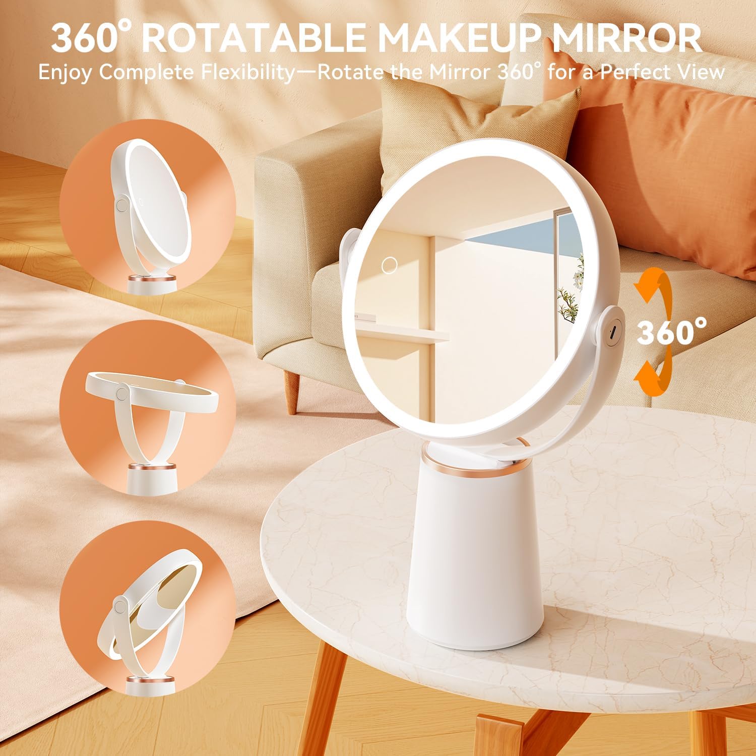 Auxmir - miroir lumineux double face - 30X/10X - 64 LED, 3 couleurs, 2000mAh, rotation 360°