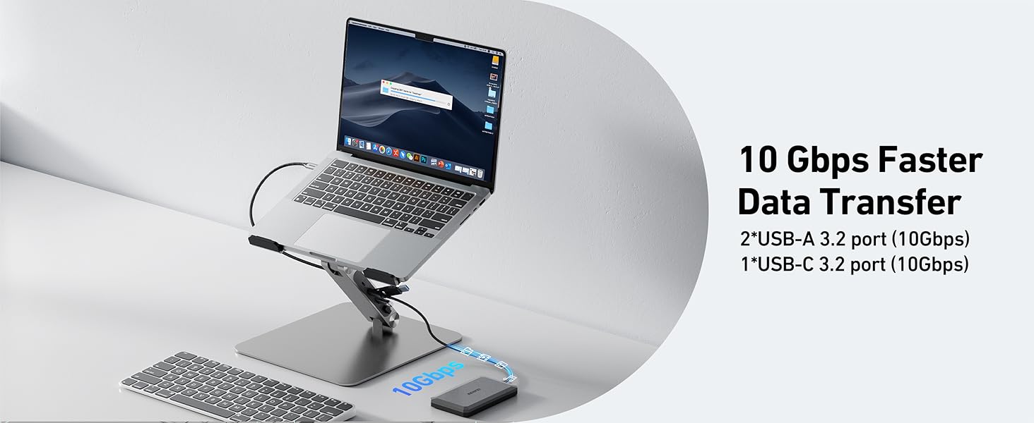 sur support réglable avec disque SSD externe. Le texte indique « Transfert de données 10 Gbit/s plus rapide » avec les spécifications USB-C. Schéma de couleurs gris et argent.