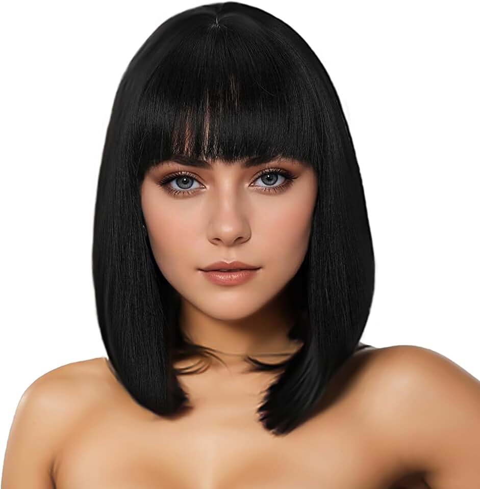 Perruque femme - bob droit noir avec frange - courte - synthétique, usage quotidien et cosplay