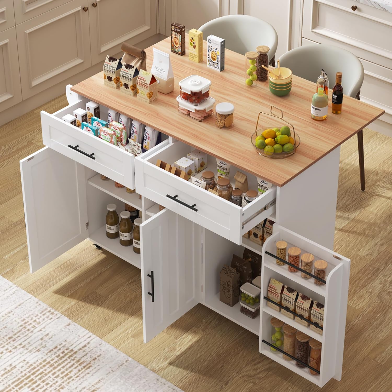 Desserte îlot de cuisine - blanc, 129x71x91,5cm - plans rabattables, 2 tiroirs, 3 portes