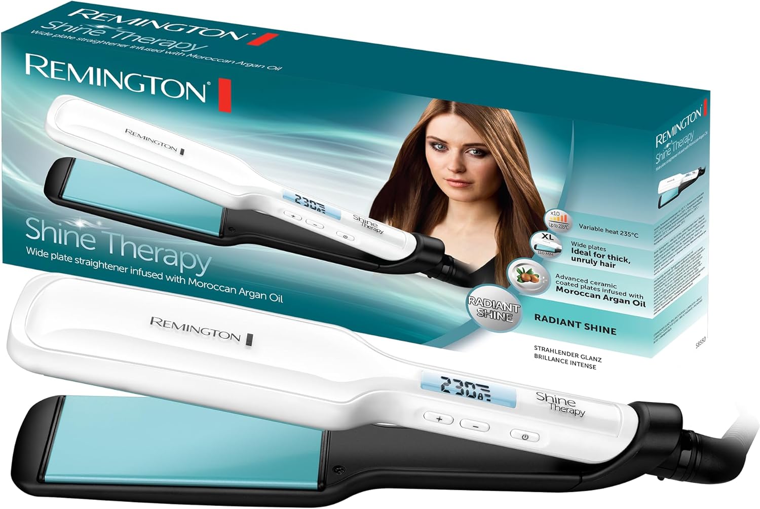 Remington - Lisseur Shine Therapy - plaques larges - céramique, soin argan & vitamine E, LCD, 150-230°C, S8550