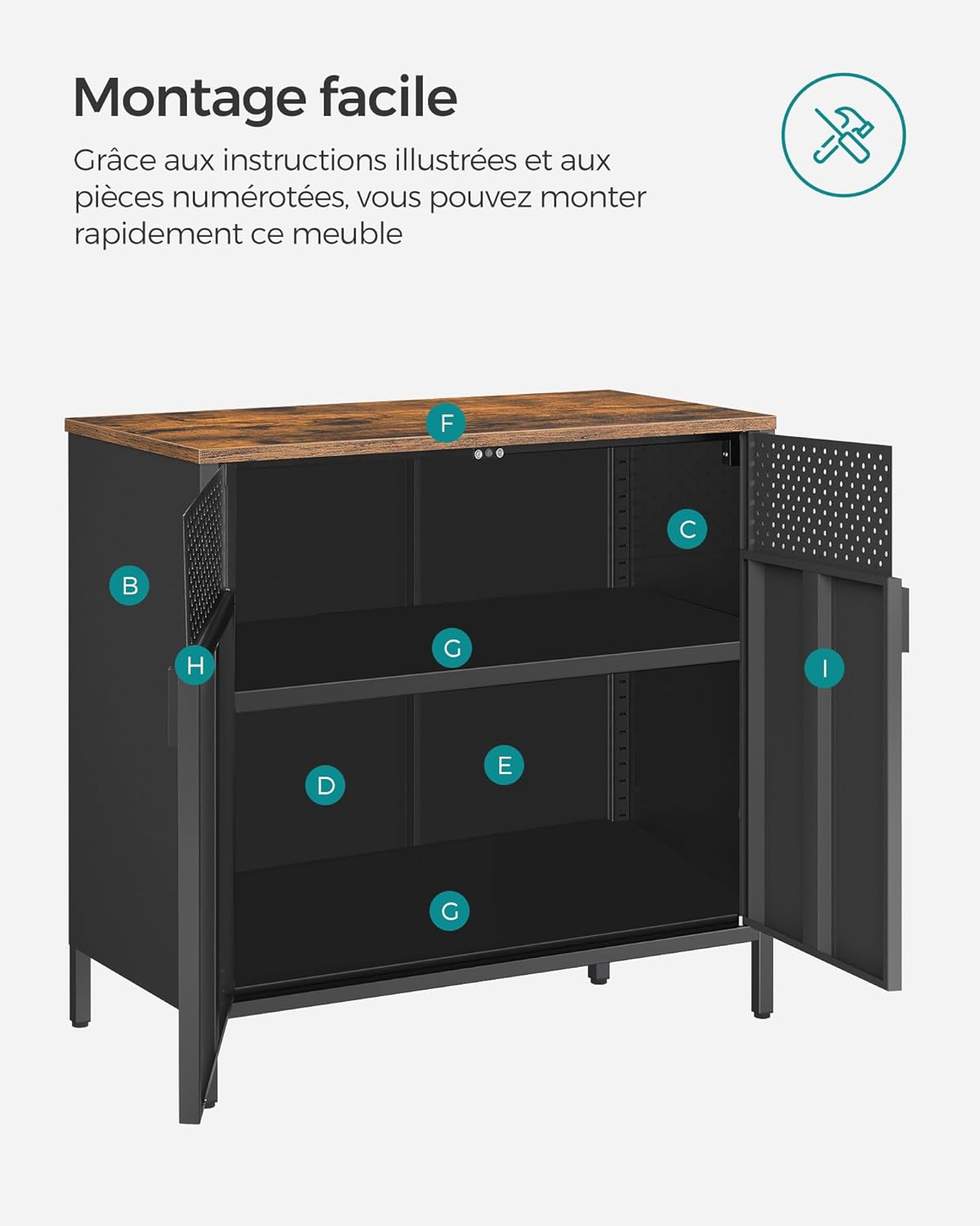 SONGMICS - Buffet double porte acier 40x80x76cm, magnétique, LSC102B01