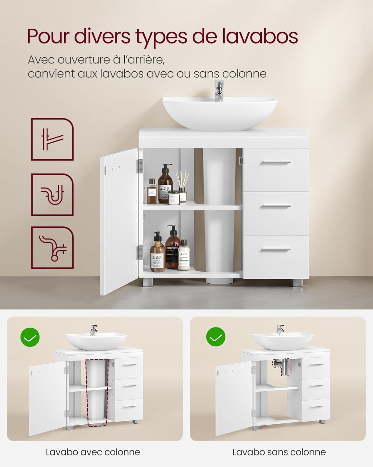 VASAGLE - meuble sous lavabo 70x30x64 cm, 3 tiroirs, blanc, BBK504W01