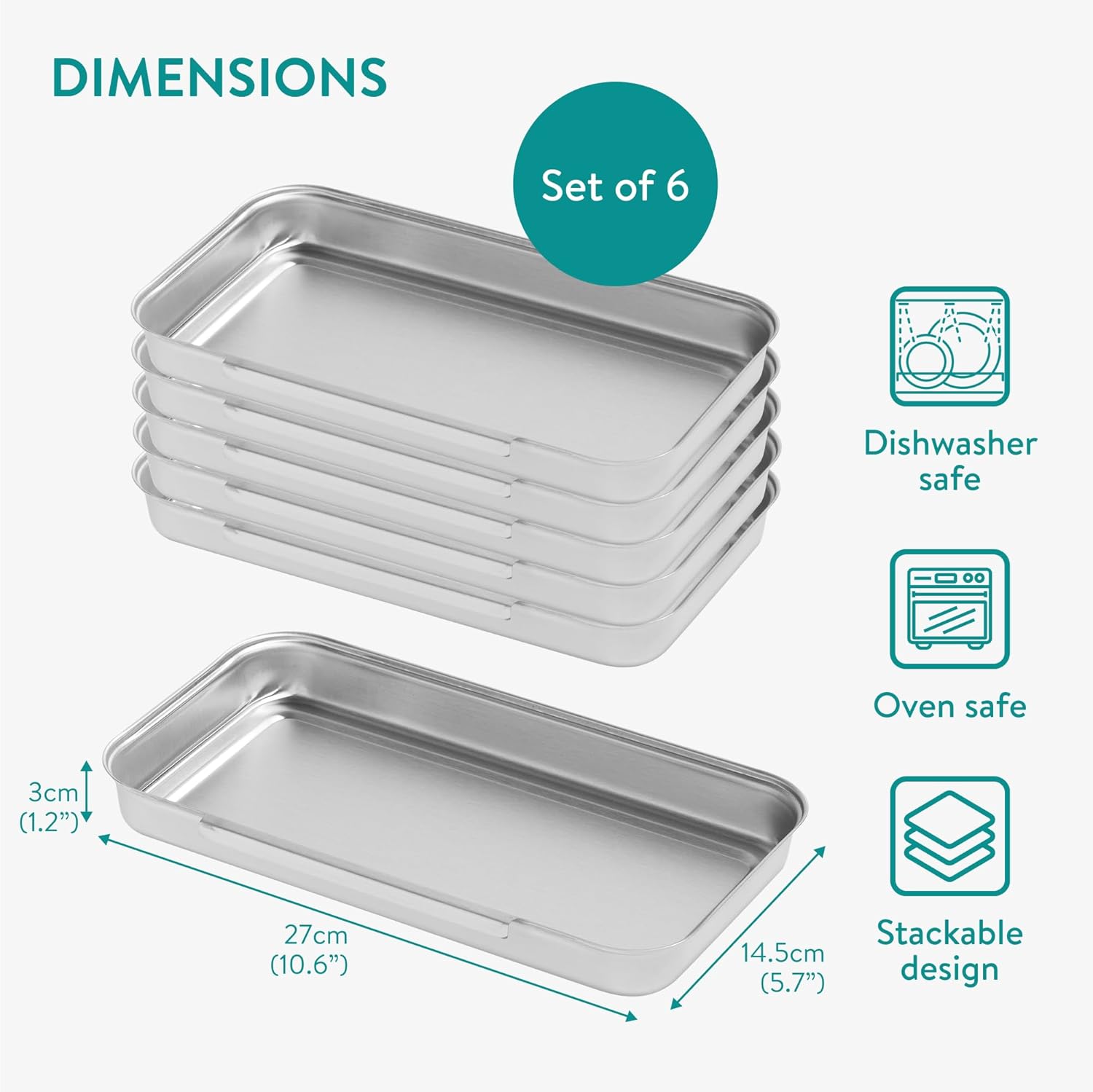 Navaris - Lot de 6 bacs inox - 27x15x3 cm - Four, pâtisserie, lave-vaisselle