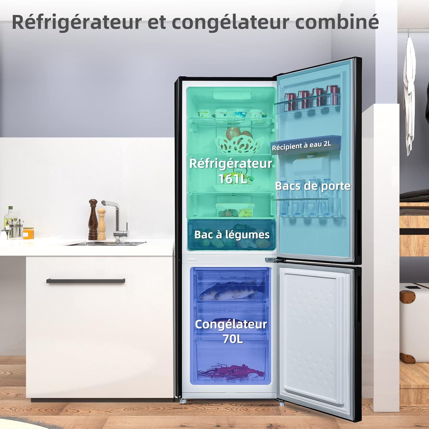 CHIQ - réfrigérateur bas inox noir 231L, No Frost, portes réversibles, FBM228NE4DE