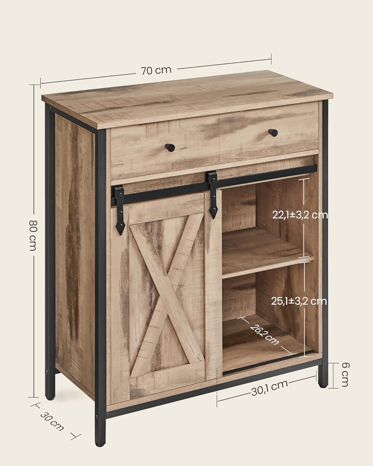VASAGLE - buffet cuisine série LSC - 30x70x80 cm, porte coulissante, tiroirs, étagères réglables, marron/noir - LSC100B5