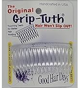 Le texte indique « L'original », « Fabriqué à la main aux États-Unis », « Grip-Tuth », « Hair Won't Slip Out », « Good Hair Days ». Peigne à cheveux en métal présenté sous plusieurs angles.