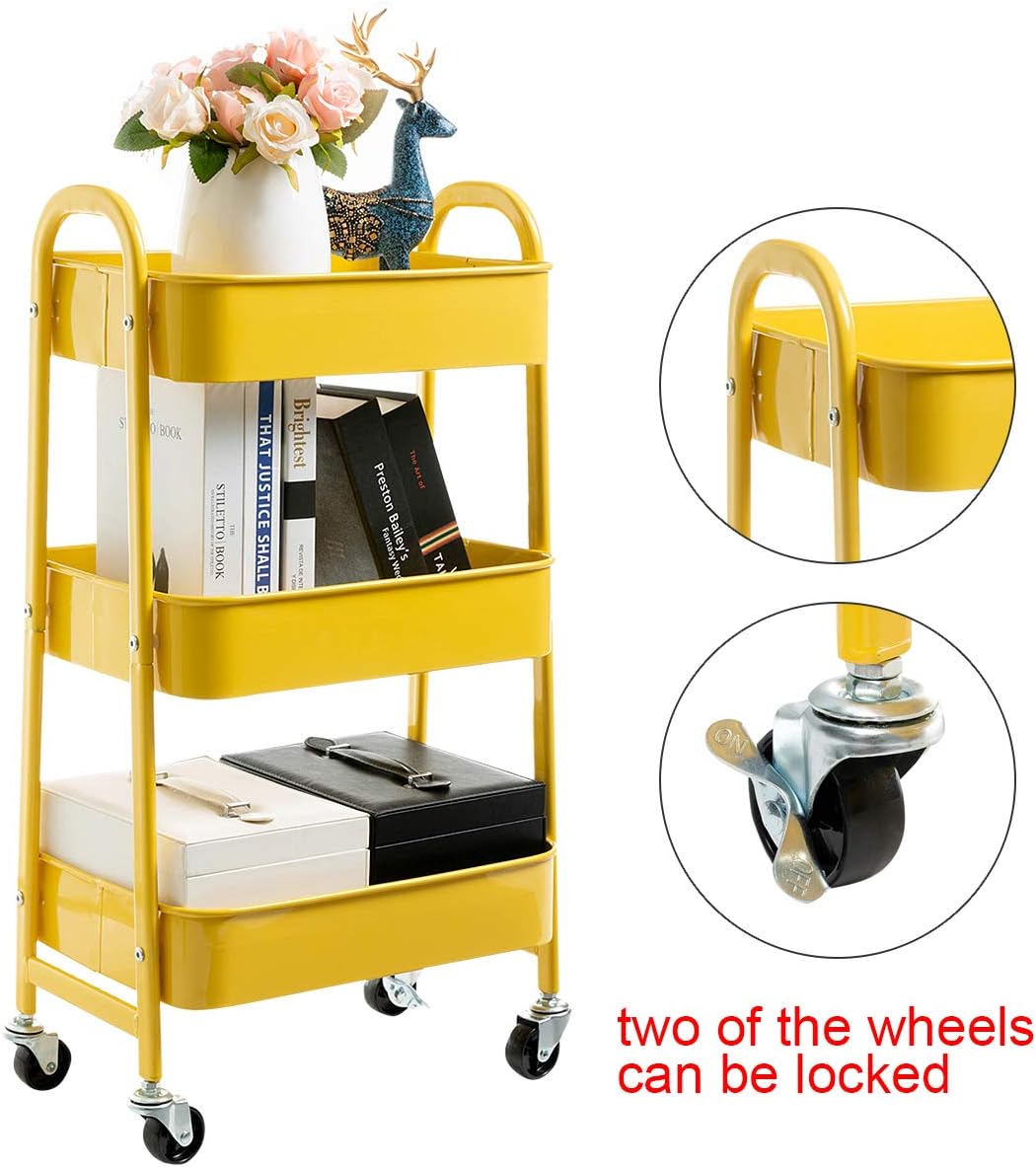 DOEWORKS - chariot de rangement métal 3 niveaux, roulettes, jaune