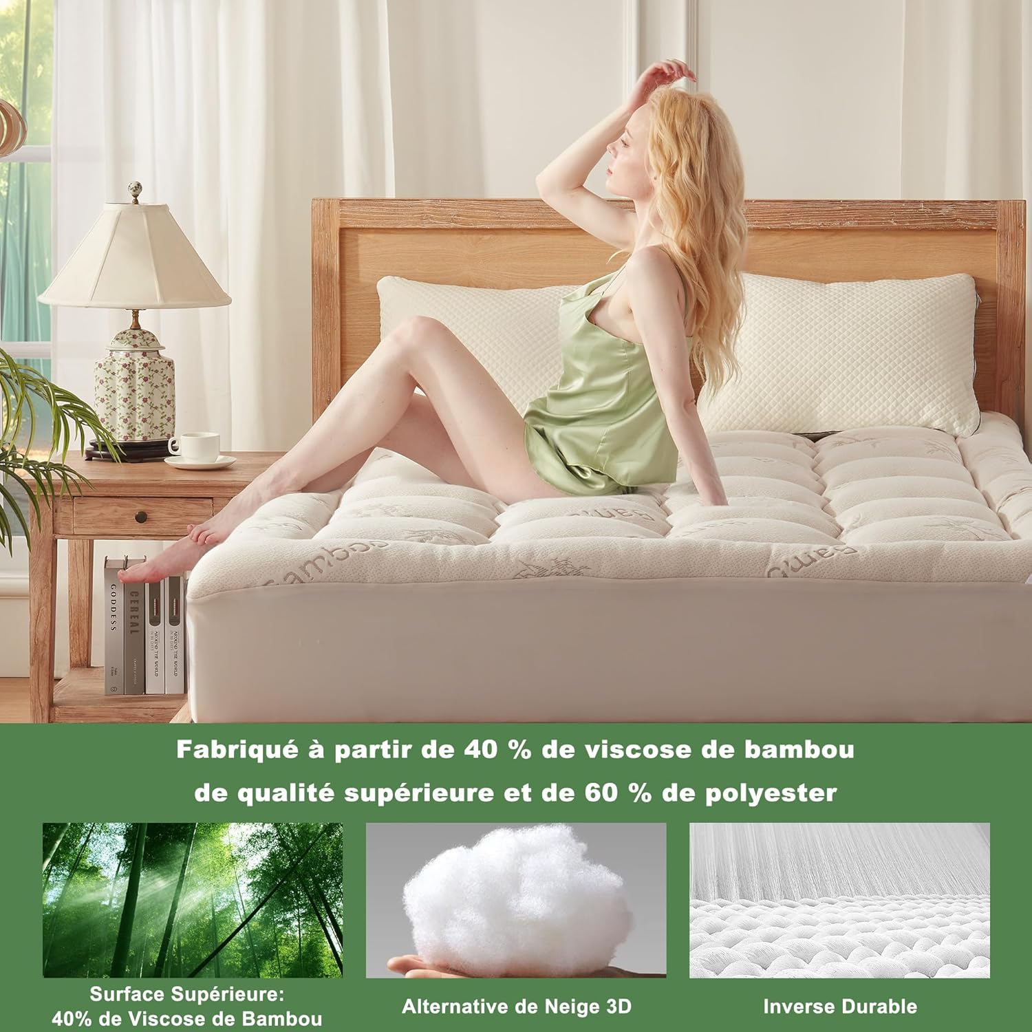BEDLORE - surmatelas viscose bambou 180x200cm, bonnet 40cm, Oeko-Tex