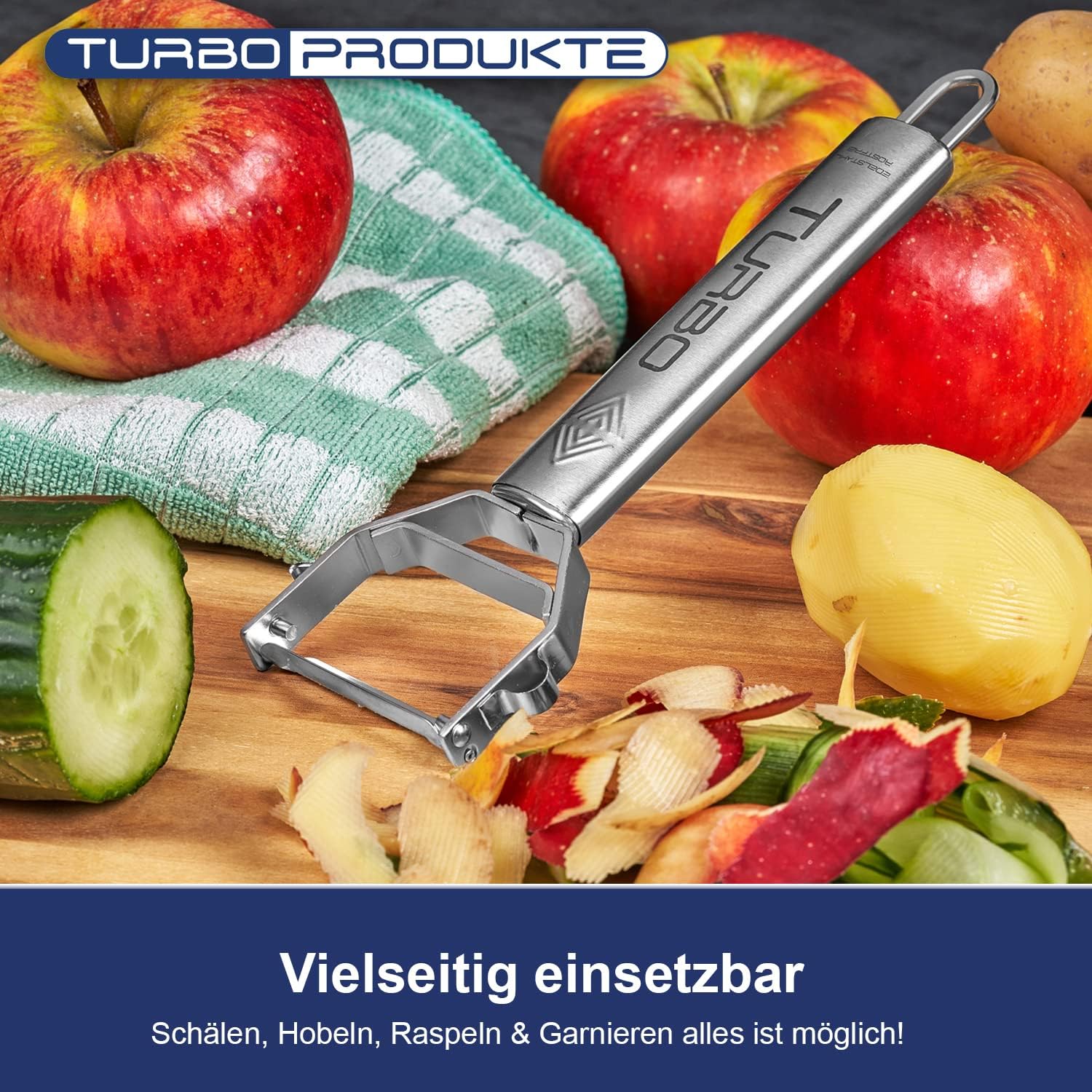 Turbo Produkte - Éplucheur inox 3en1 - ambidextre, lame pendulaire
