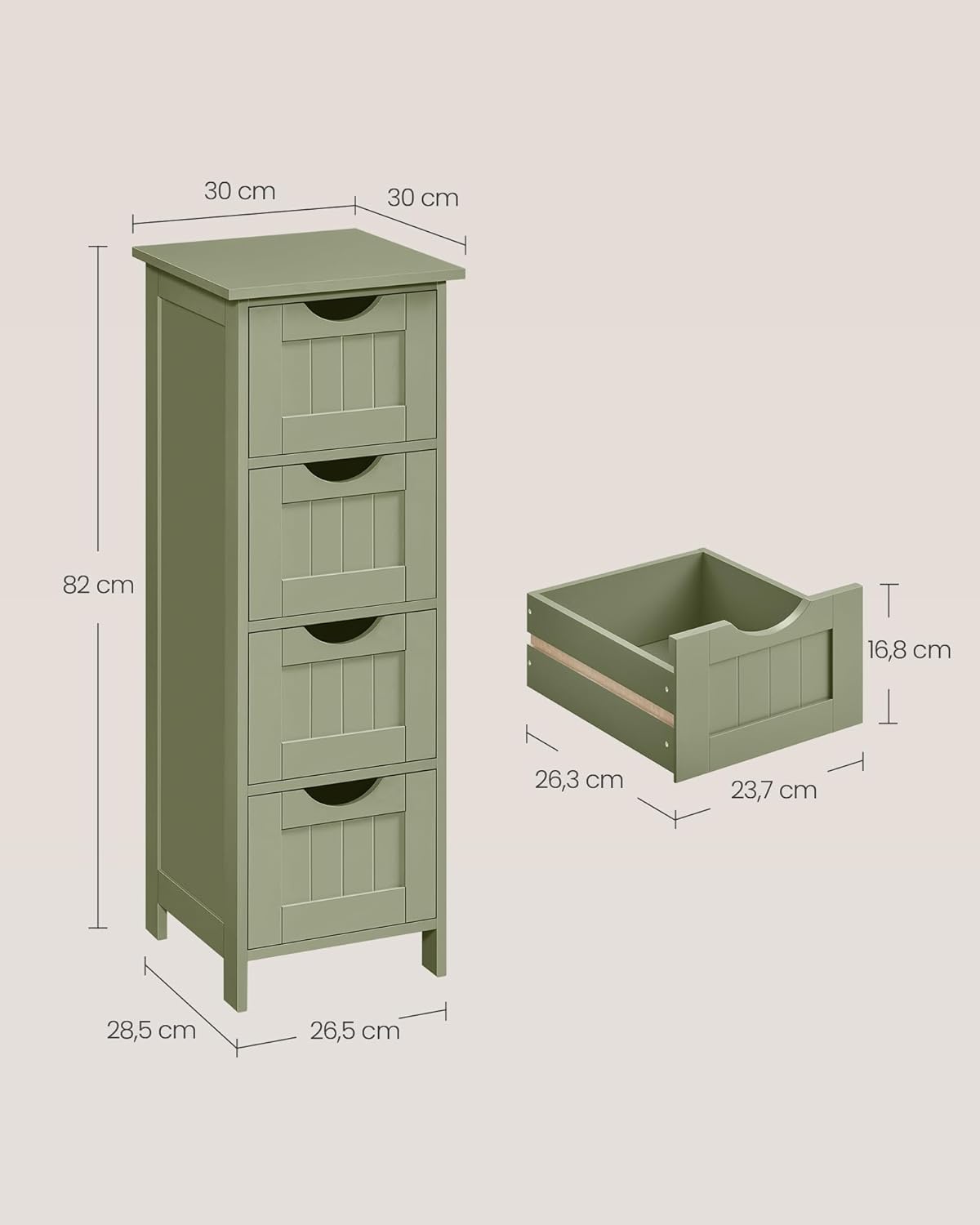 VASAGLE - meuble salle de bain, 4 tiroirs, 30x30x82 cm, vert olive, LHC040C02