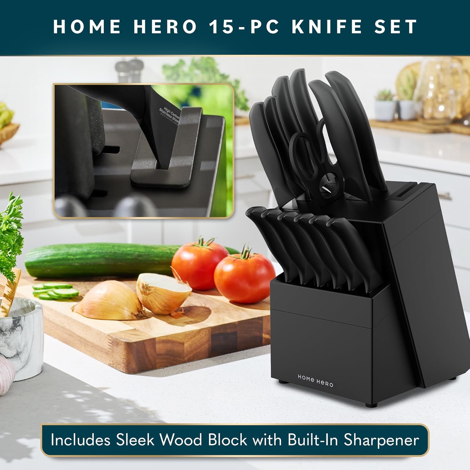 Home Hero - Set de couteaux cuisine 16 pcs inox, bloc inclus, noir
