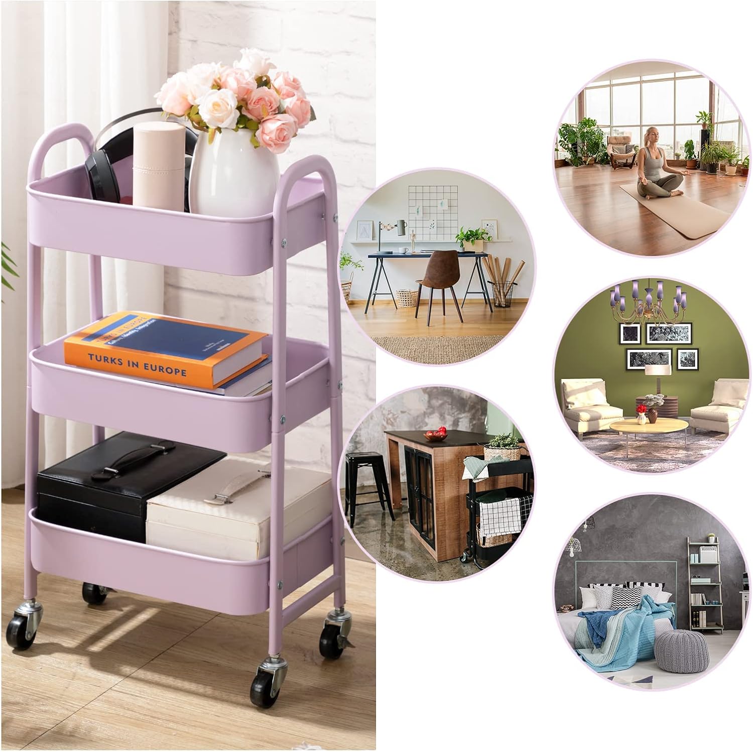DOEWORKS - Chariot à roulettes 3 niveaux métal - rangement cuisine, chambre et bureau - Violet clair