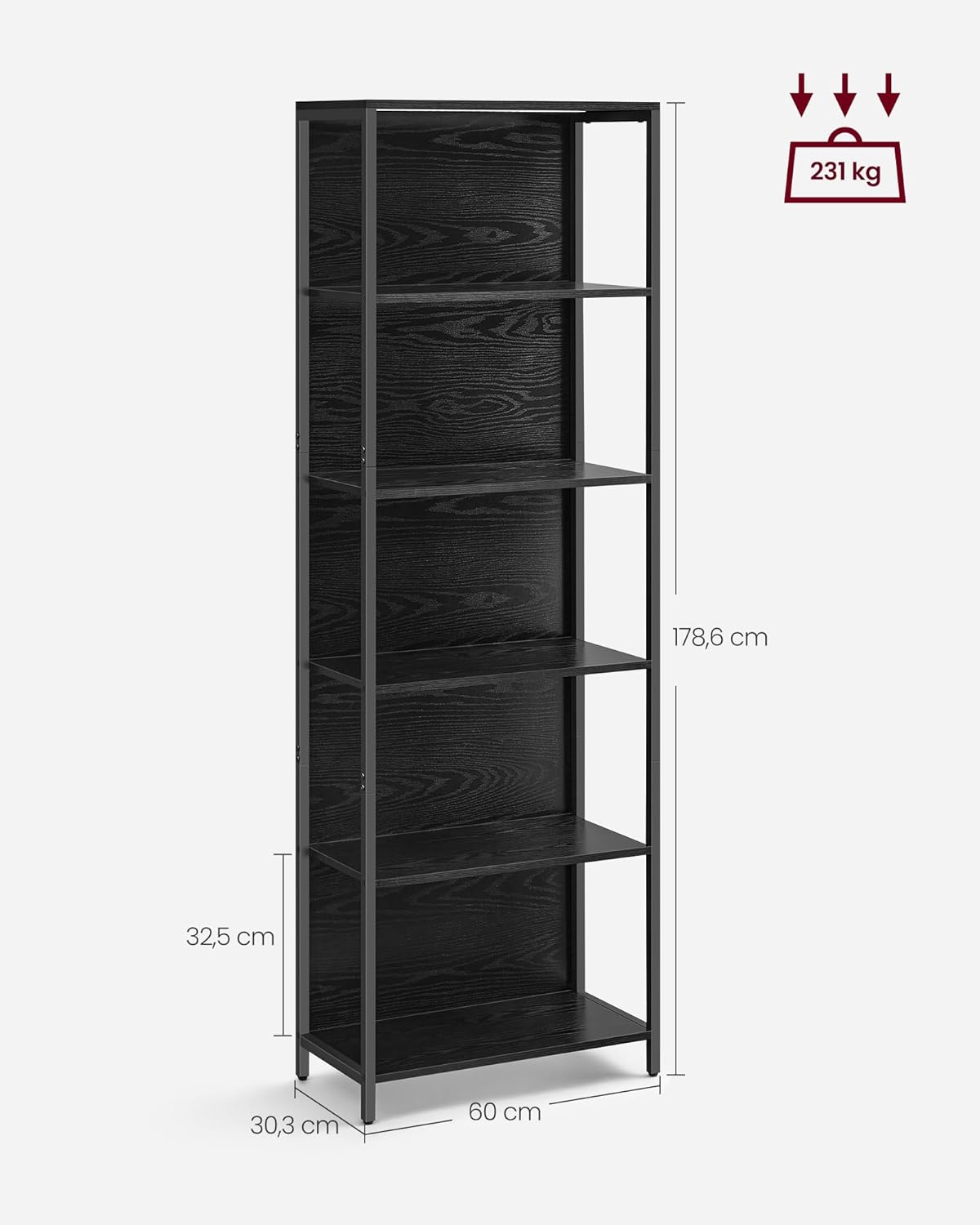 VASAGLE - bibliothèque 6 niveaux, LED, acier, 30,3x60x178,6 cm, LLS120B57
