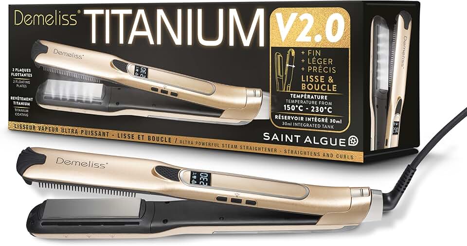 Demeliss - Titanium V2.0 - plaques fines, vapeur puissante, 2en1 lisseur/boucleur