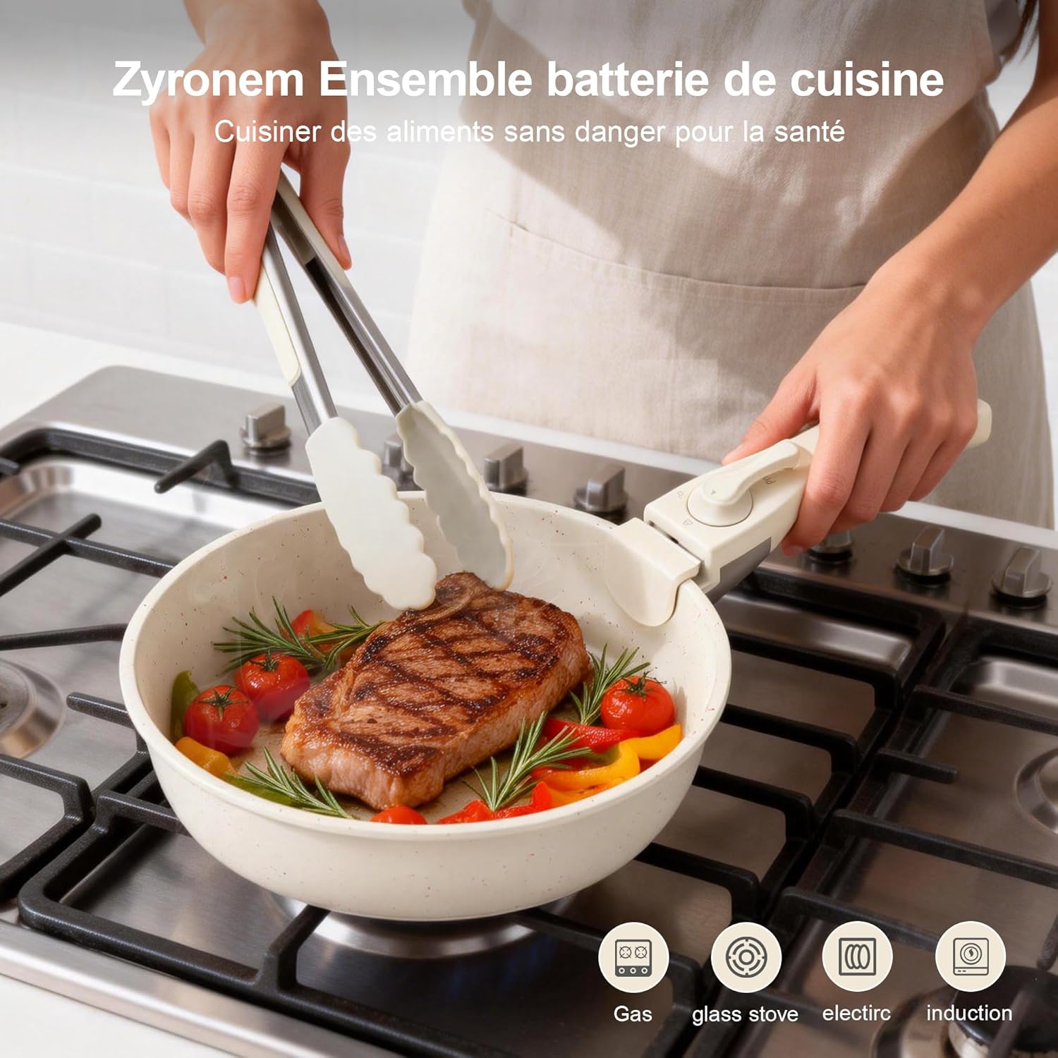 Zyronem - batterie cuisine 13 pièces céramique induction poignées amovibles