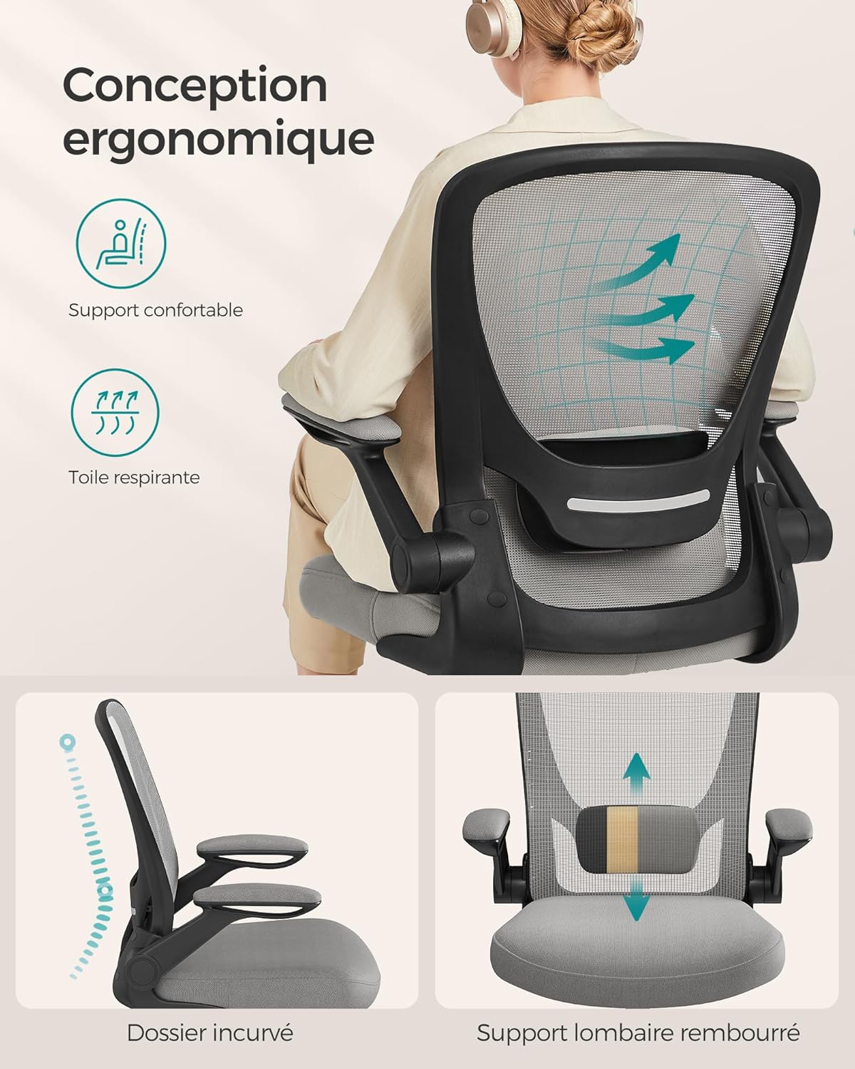 SONGMICS - Chaise bureau ergonomique, 53cm, support lombaire, accoudoirs rabattables, OBN037G01