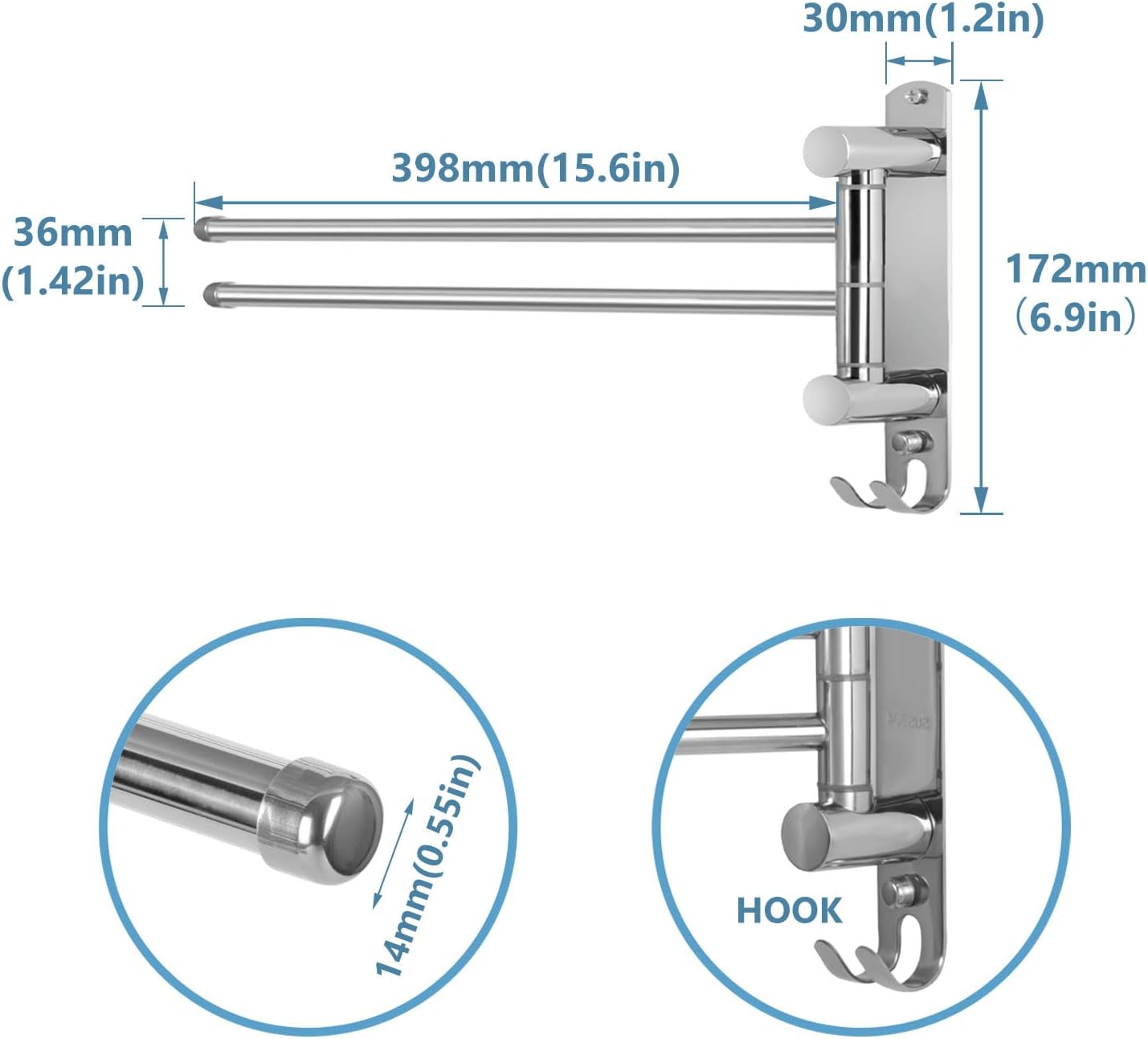 JSVER - porte-serviette mural rotatif - 40cm - inox, double barre pivotante