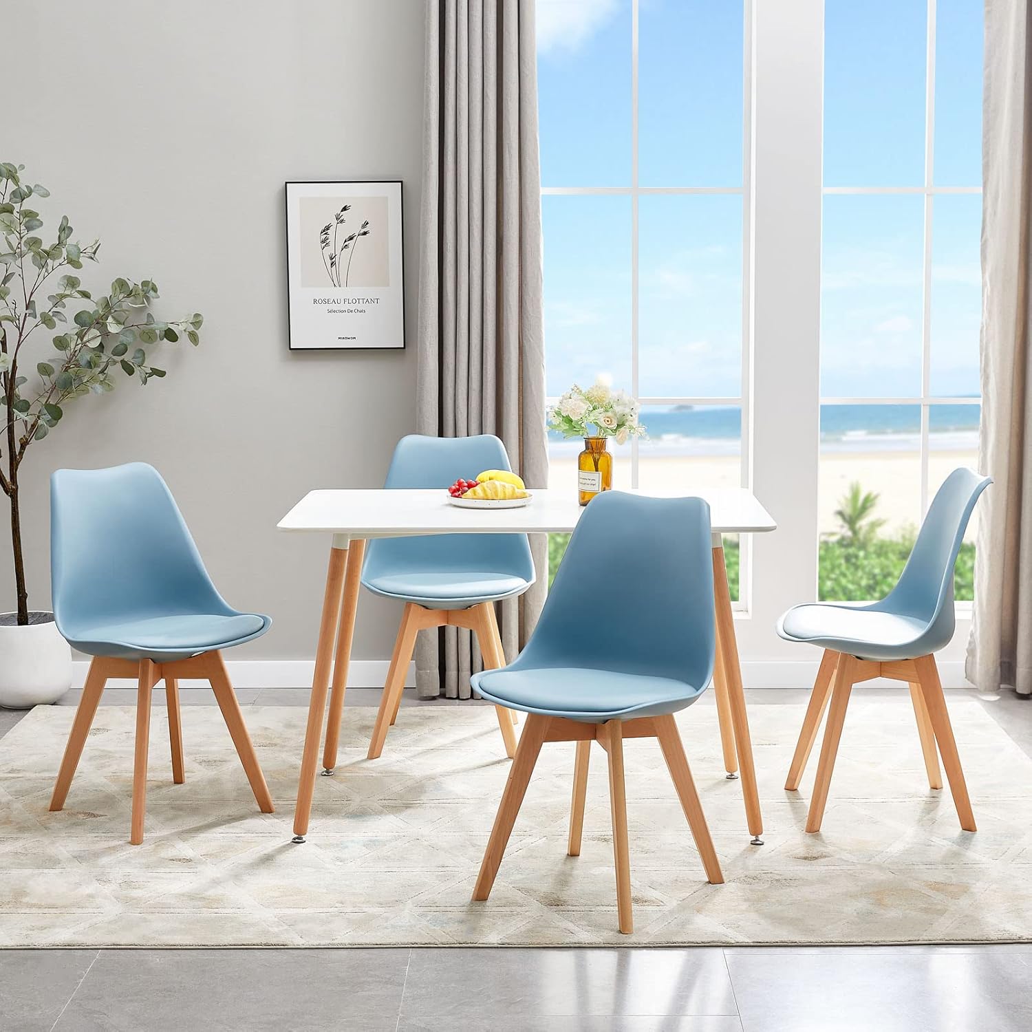 EGGREE - chaises salle à manger lot de 8 - bois hêtre - rembourrées bleues
