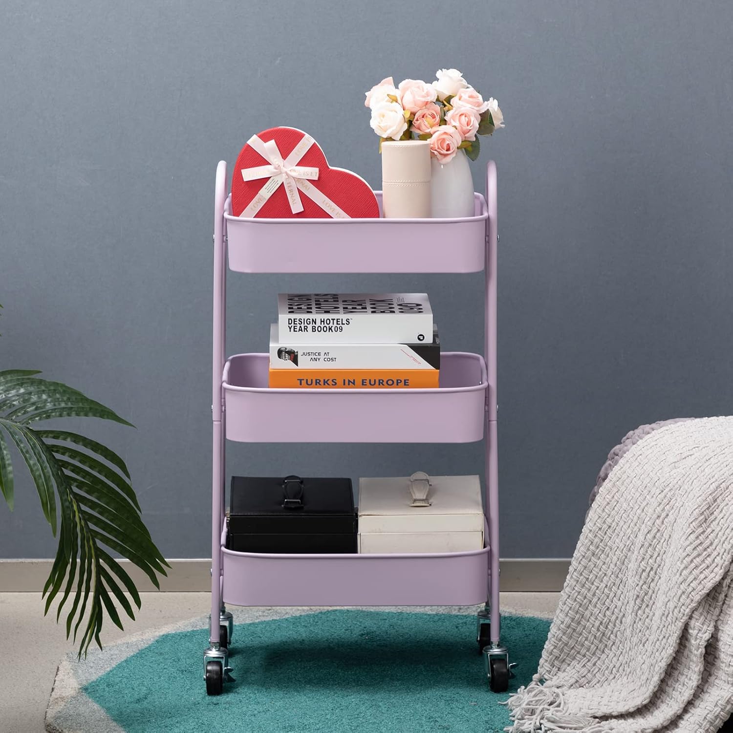 DOEWORKS - Chariot à roulettes 3 niveaux métal - rangement cuisine, chambre et bureau - Violet clair
