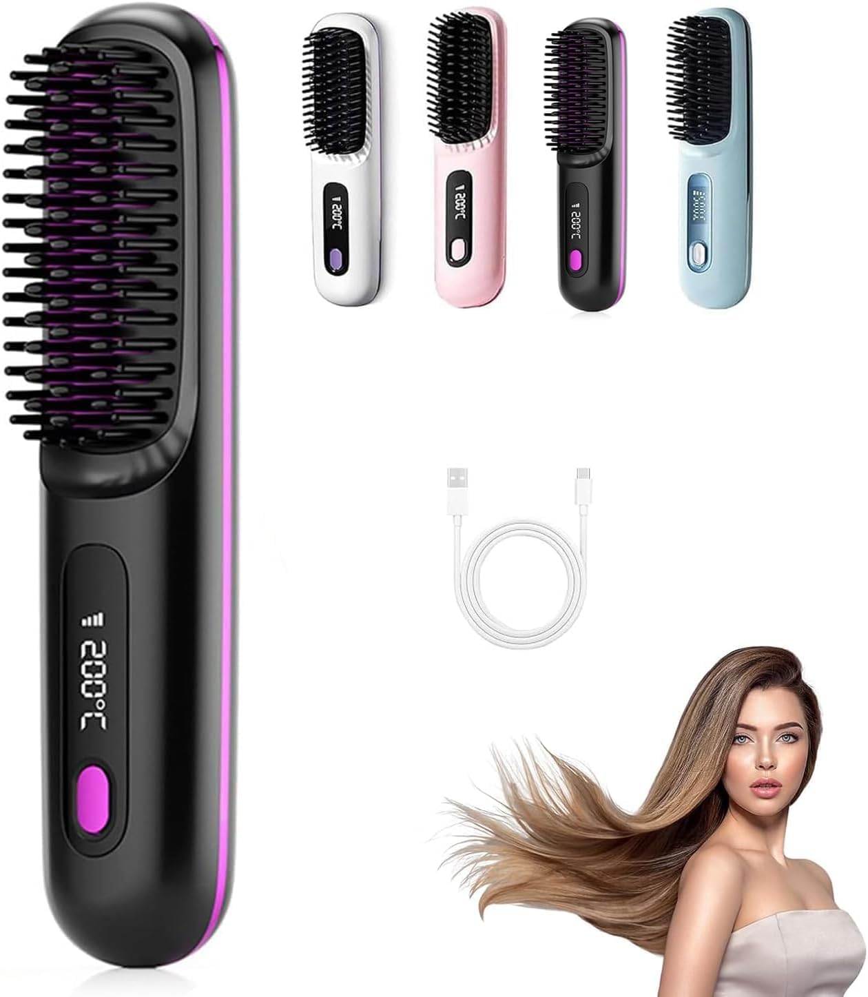 Brosse chauffante cheveux courts - 3 niveaux, LED, USB rechargeable, portable